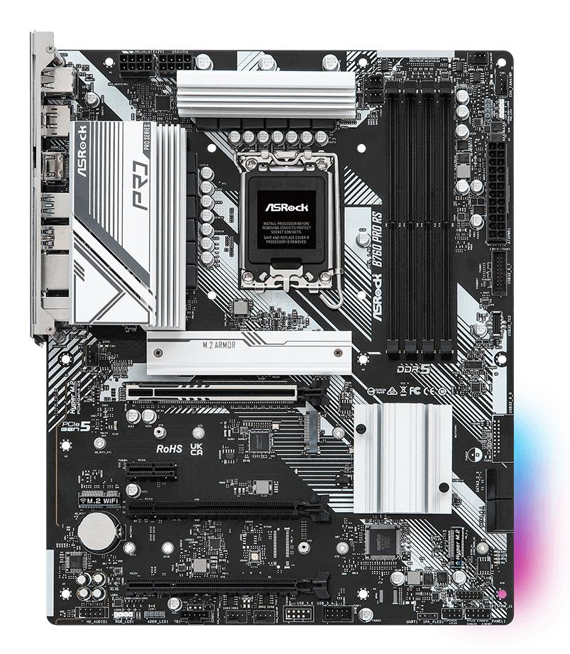 Mainboard ASROCK Intel B760 Express LGA1700 ATX Memory DDR5 Memory slots 4 1xPCI-Express 3.0 1x 1xPCI-Express 3.0 16x 1xPCI-Express 4.0 16x 1xPCI-Express 5.0 16x 3xM.2 1xHDMI 1xDisplayPort 2xUSB 2.0 5xUSB 3.2 1xUSB-C 1xRJ45 3xAudio port B760PRORS
