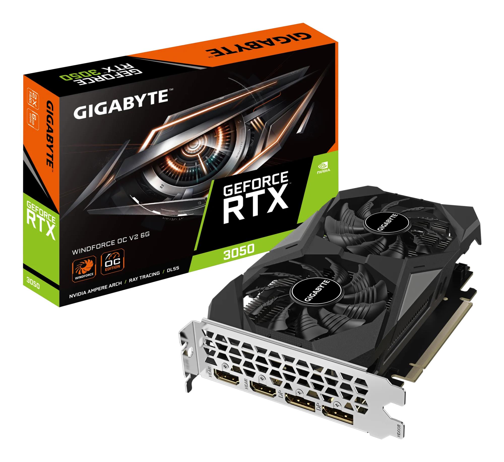 Graphics Card GIGABYTE NVIDIA GeForce RTX 3050 1477 MHz 6 GB GDDR6 96 bit PCI Express 4.0 Active GV-N3050WF2OCV2-6GD