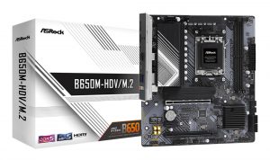 Mainboard ASROCK AMD B650 SAM5 Micro-ATX Memory DDR5 Memory slots 2 1xPCI-Express 4.0 1x 2xPCI-Express 4.0 16x 1xM.2 1xHDMI 1xDisplayPort 1xAudio-In 1xAudio-Out 1xMicrophone 4xUSB 2.0 2xUSB 3.2 1xUSB-C 1xRJ45 B650M-HDV/M.2