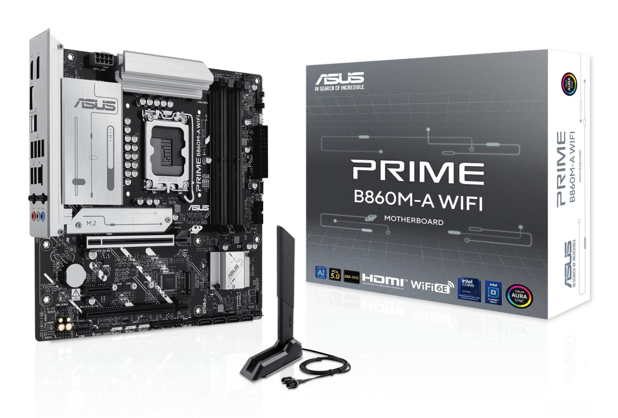 Mainboard ASUS Intel B860 Express LGA1851 Micro-ATX Memory DDR5 Memory slots 4 1xPCI-Express 4.0 1x 1xPCI-Express 4.0 16x 1xPCI-Express 5.0 16x 2xM.2 1xHDMI 1xDisplayPort 7xUSB 2.0 1xUSB-C 1xUSB-C w/Thunderbolt 1xOptical S/PDIF 1xRJ45 3xAudio port PRIMEB860M-AWIFI