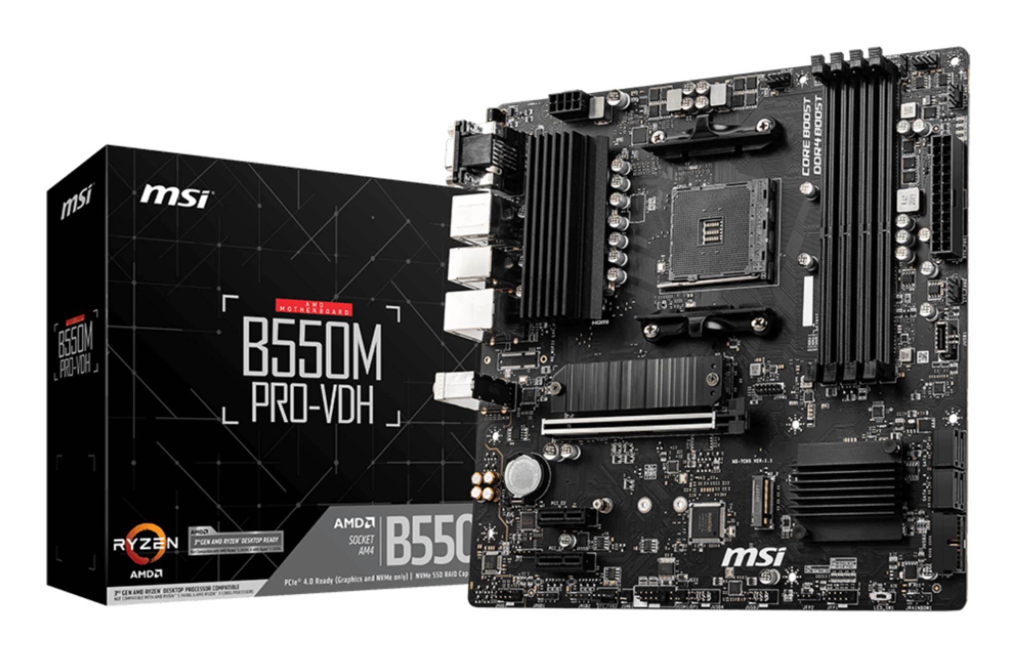 Mainboard MSI AMD B550 SAM4 MicroATX Memory DDR4 Memory slots 4 2xPCI-Express 3.0 1x 1xPCI-Express 4.0 16x 2xM.2 1x15pin D-sub 1xHDMI 1xDisplayPort 2xAudio-In 1xAudio-Out 2xUSB 2.0 4xUSB 3.2 1xPS/2 1xRJ45 B550MPRO-VDH