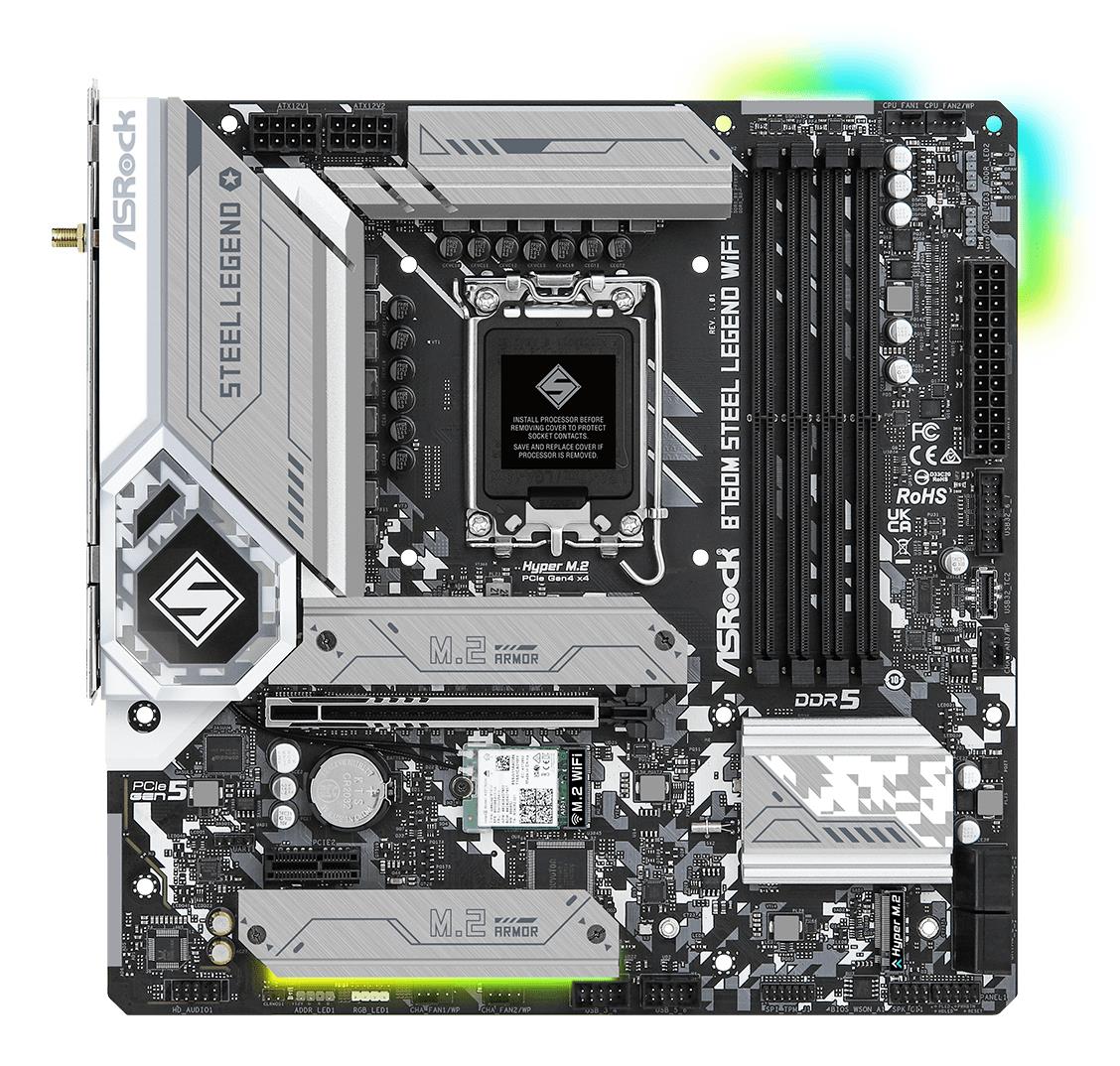 Mainboard ASROCK Intel B760 Express LGA1700 Micro-ATX Memory DDR5 Memory slots 4 1xPCI-Express 4.0 1x 1xPCI-Express 5.0 16x 4xM.2 1xHDMI 1xDisplayPort 2xUSB 2.0 5xUSB 3.2 1xUSB-C 1xPS/2 1xRJ45 3xAudio port B760MSTEELLEGENDWIFI