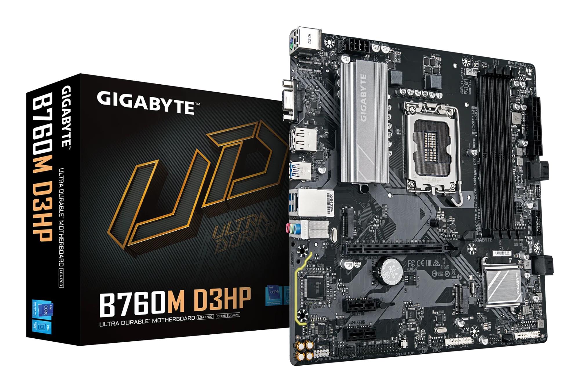 Mainboard GIGABYTE Intel B760 Express LGA1700 Micro-ATX Memory DDR5 Memory slots 4 2xPCI-Express 3.0 1x 1xPCI-Express 4.0 16x 2xM.2 1x15pin D-sub 1xHDMI 1xDisplayPort 2xUSB 2.0 5xUSB 3.2 1xUSB-C 1xPS/2 1xRJ45 3xAudio port B760MD3HP1.0