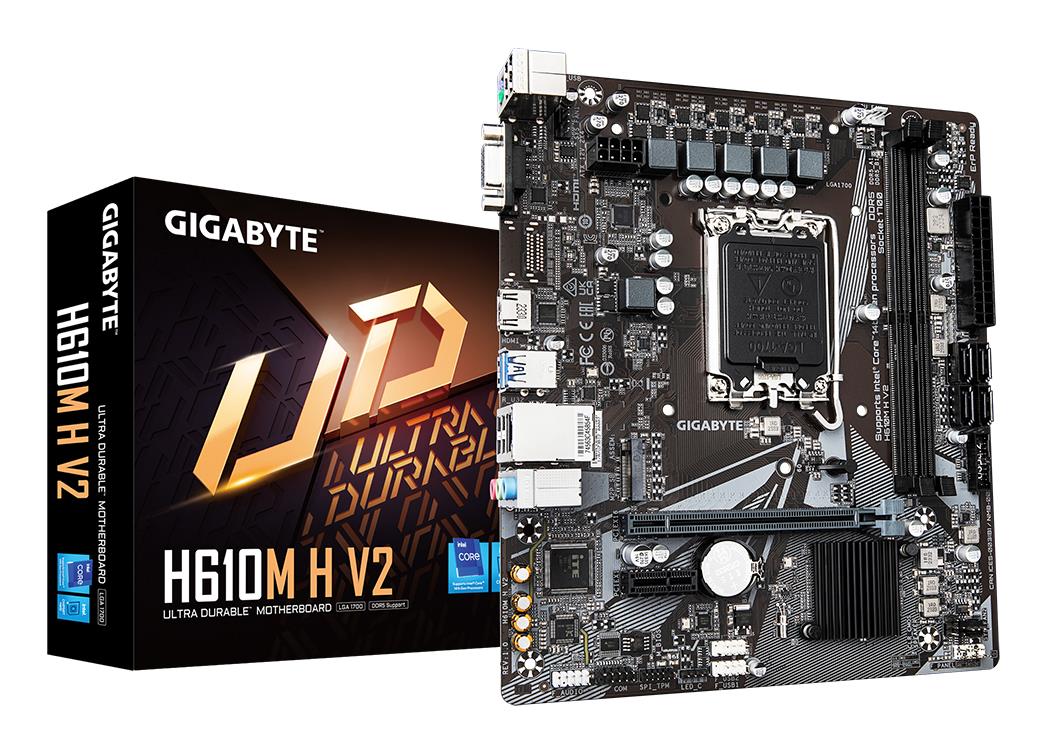 Mainboard GIGABYTE Intel H610 LGA1700 Micro-ATX Memory DDR5 Memory slots 2 1xPCI-Express 3.0 1x 1xPCI-Express 4.0 16x 1xM.2 1x15pin D-sub 1xHDMI 4xUSB 2.0 2xUSB 3.2 1xPS/2 1xRJ45 3xAudio port H610MHV21.0