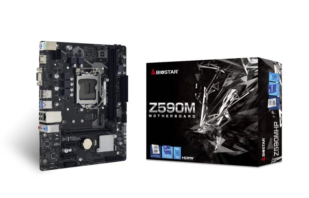 Mainboard BIOSTAR Intel Z590 Express LGA1200 Micro-ATX Memory DDR4 Memory slots 2 2xPCI-Express 3.0 1x 1xPCI-Express 4.0 16x 1xM.2 1x15pin D-sub 1xHDMI 4xUSB 2.0 2xUSB 3.2 2xPS/2 1xRJ45 3xAudio port Z590MHP
