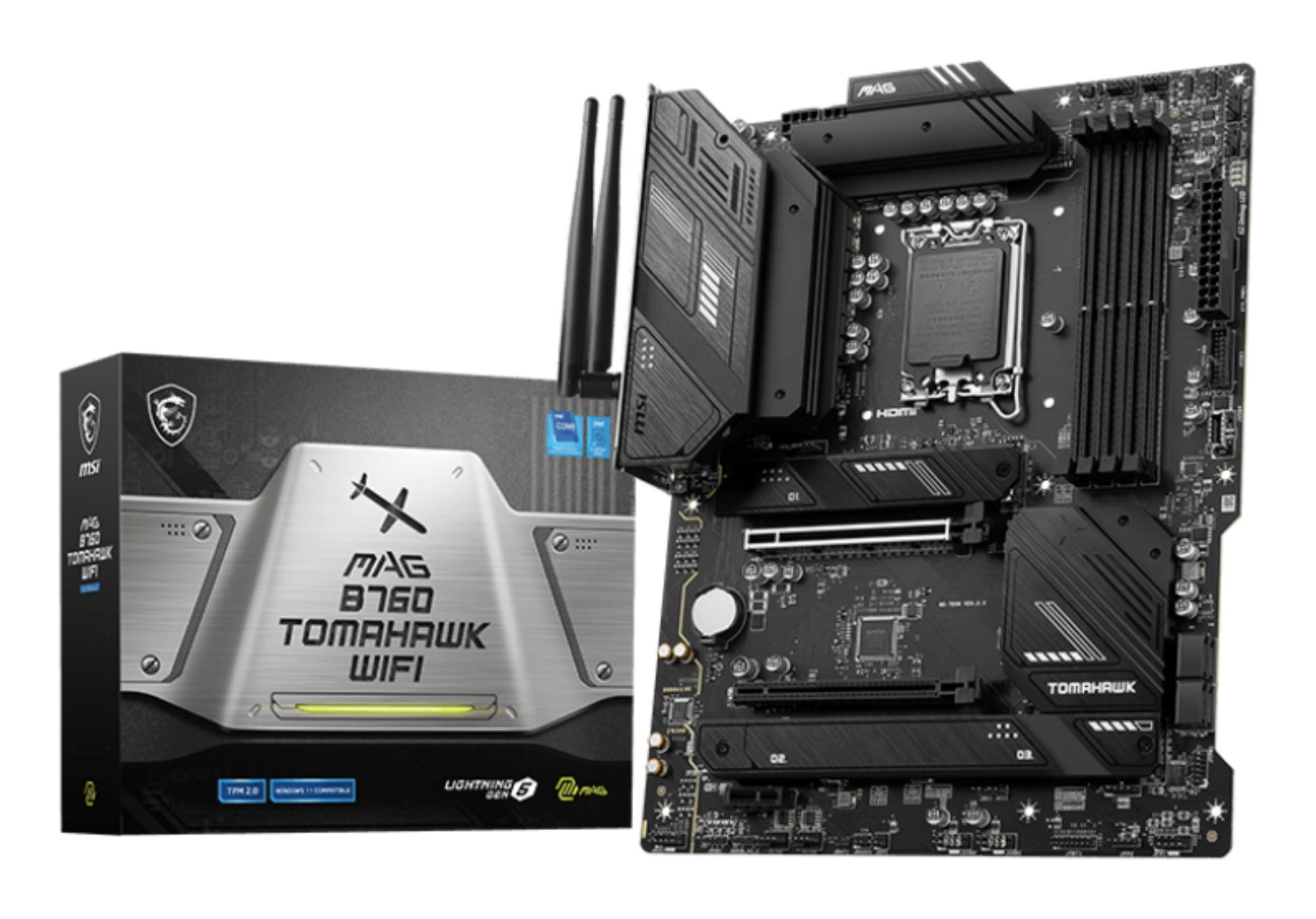Mainboard MSI Intel B760 Express LGA1700 ATX Memory DDR5 Memory slots 4 1xPCI-Express 1x 2xPCI-Express 16x 3xM.2 1xHDMI 1xDisplayPort 4xUSB 2.0 4xUSB 3.2 1xUSB-C 1xOptical S/PDIF 1xRJ45 5xAudio port MAGB760TOMAHAWKWIFI