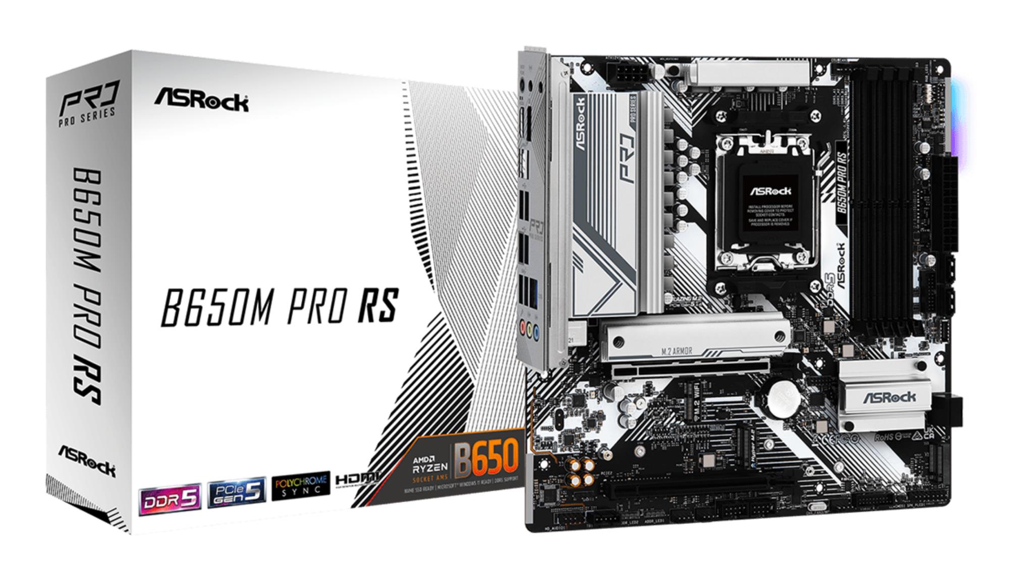 Mainboard ASROCK AMD B650 SAM5 Micro-ATX Memory DDR5 Memory slots 4 1xPCI-Express 3.0 16x 1xPCI-Express 4.0 16x 1xM.2 1xHDMI 1xDisplayPort 4xUSB 2.0 3xUSB 3.2 1xUSB-C 1xRJ45 B650MPRORS