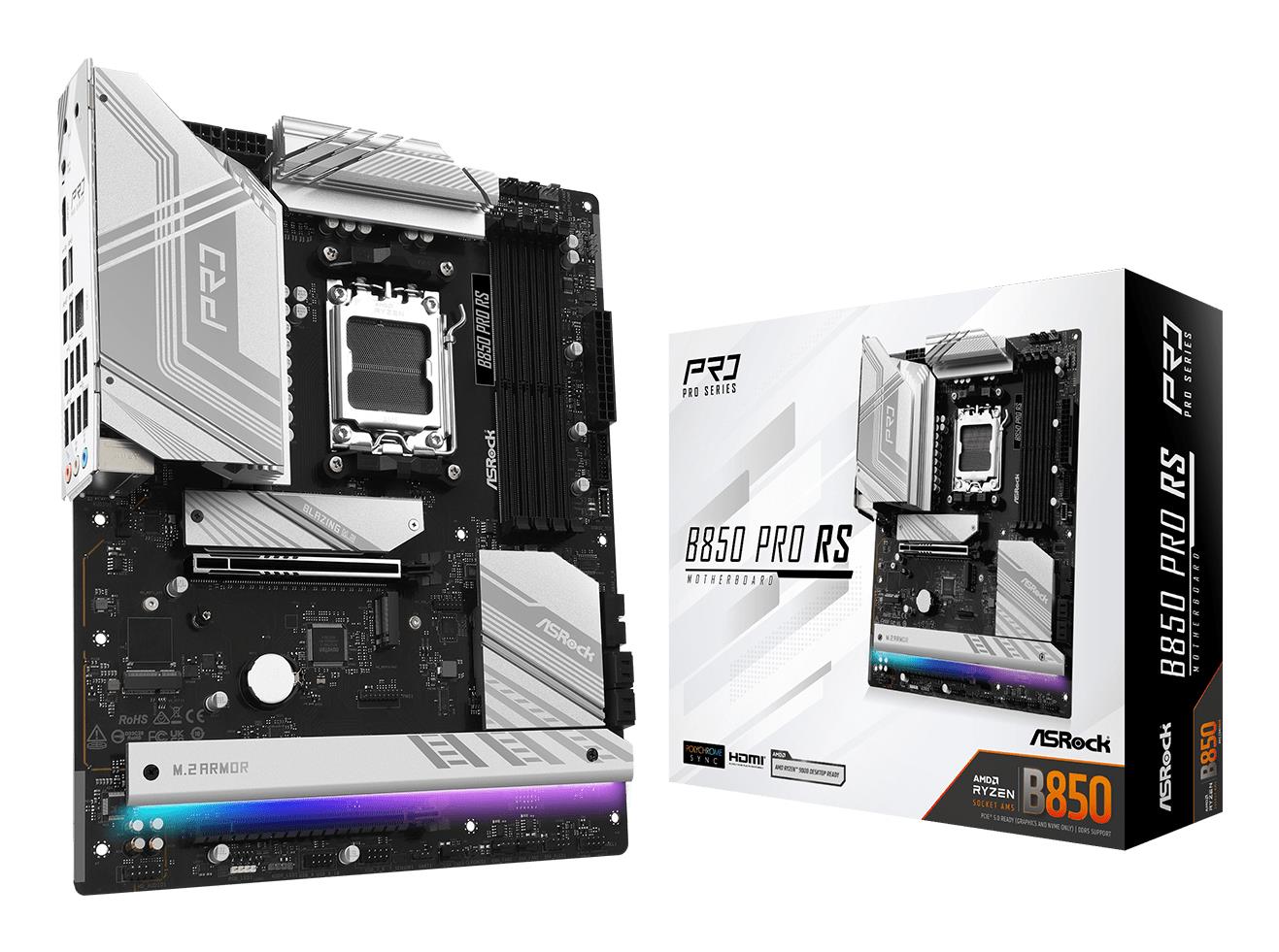 Mainboard ASROCK AMD B850 SAM5 ATX Memory DDR5 Memory slots 4 1xPCI-Express 4.0 16x 1xPCI-Express 5.0 16x 1xM.2 1xHDMI 1xAudio-In 1xAudio-Out 1xMicrophone 6xUSB 2.0 5xUSB 3.2 1xUSB-C 1xRJ45 B850PRORS