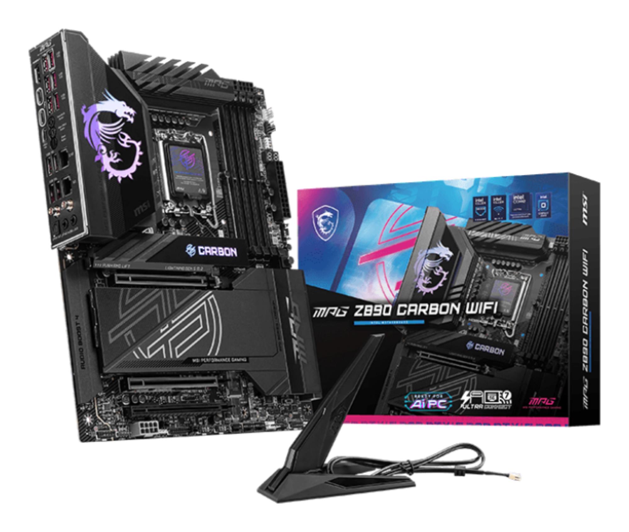 Mainboard MSI Intel Z890 LGA1851 ATX Memory DDR5 Memory slots 4 1xPCI-Express 4.0 4x 1xPCI-Express 5.0 8x 1xPCI-Express 5.0 16x 5xM.2 1xHDMI 10xUSB 3.2 1xUSB-C 2xUSB-C w/Thunderbolt 1xOptical S/PDIF 2xRJ45 2xAudio port MPGZ890CARBONWIFI