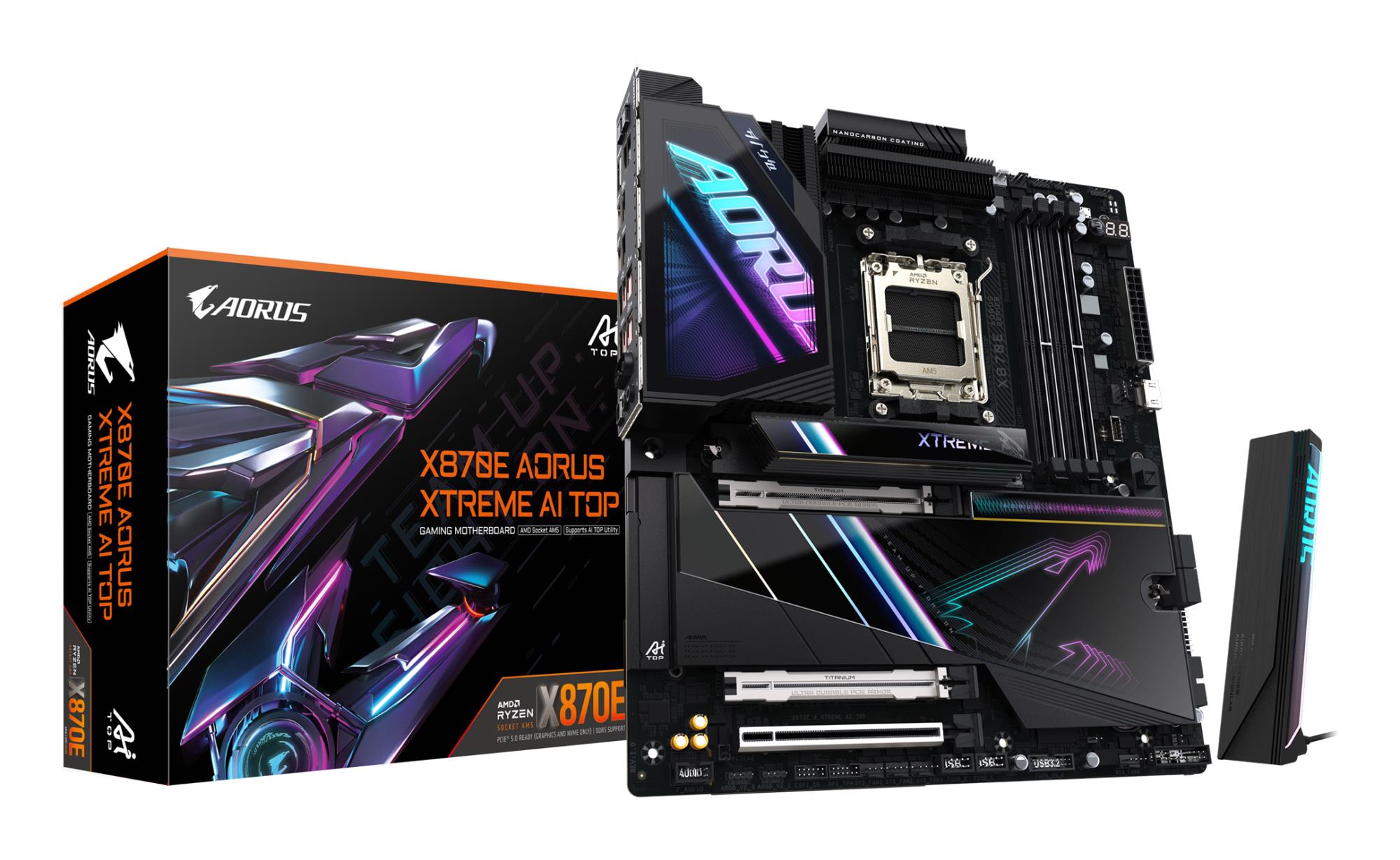 Mainboard GIGABYTE AMD X870E SAM5 EATX Memory DDR5 Memory slots 4 1xPCI-Express 4.0 4x 1xPCI-Express 4.0 8x 1xPCI-Express 5.0 16x 4xM.2 1xHDMI 2xUSB 2.0 6xUSB 3.2 2xUSB-C 1xOptical S/PDIF 2xRJ45 2xAudio port X870EAXTREMEAITOP