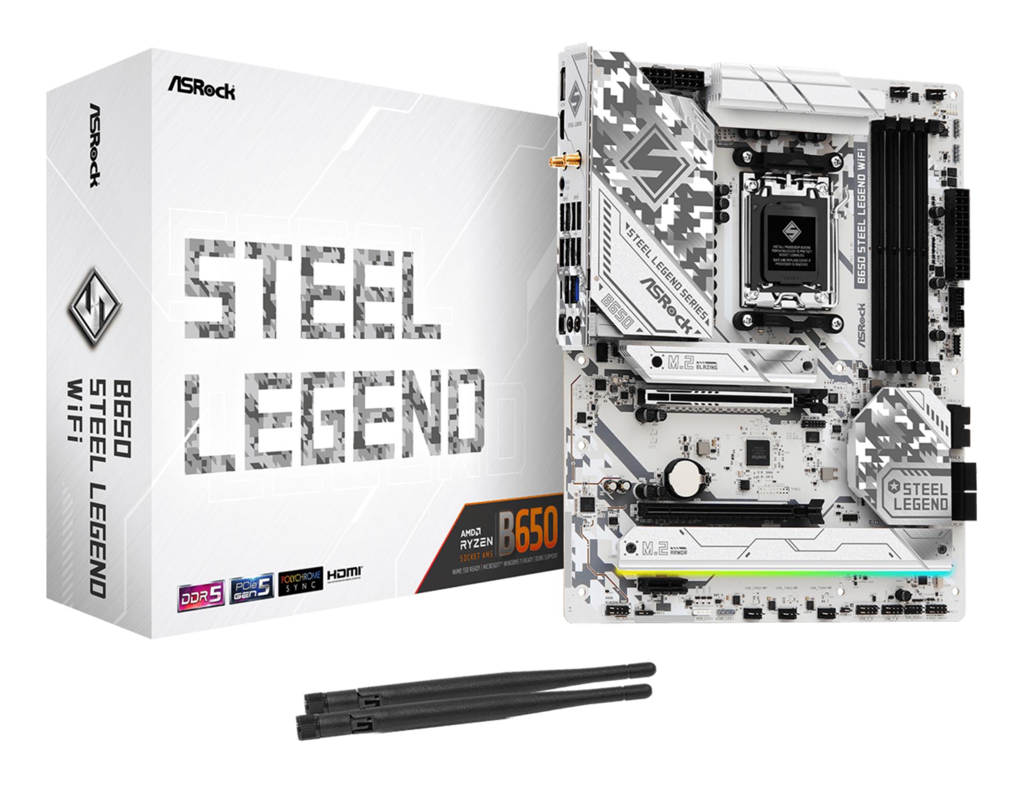 Mainboard ASROCK AMD B650 SAM5 ATX Memory DDR5 Memory slots 4 1xPCI-Express 3.0 16x 1xPCI-Express 4.0 1x 1xPCI-Express 5.0 16x 1xM.2 1xHDMI 1xDisplayPort 8xUSB 2.0 3xUSB 3.2 2xUSB-C 1xRJ45 2xAudio port B650STEELLEGENDWIFI