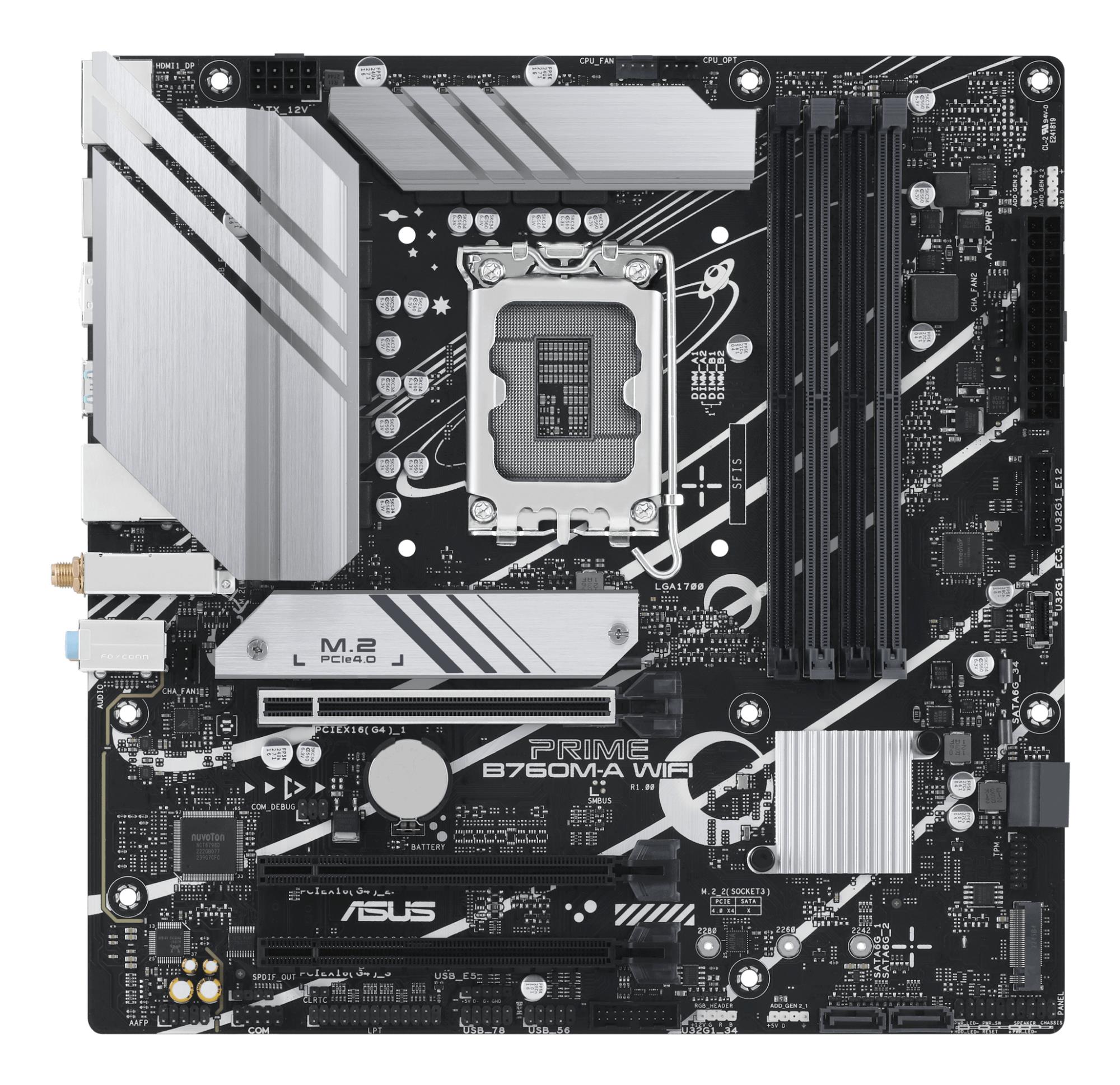 Mainboard ASUS Intel B760 Express LGA1700 Micro-ATX Memory DDR5 Memory slots 4 3xPCI-Express 4.0 16x 2xM.2 2xHDMI 1xDisplayPort 4xUSB 2.0 2xUSB 3.2 1xPS/2 1xRJ45 3xAudio port PRIMEB760M-AWIFI