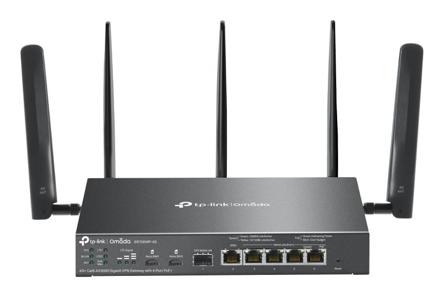 Wireless Router TP-LINK ER706WP-4G Data speed 300 Mbit/s Ethernet WAN Yes DSL WAN Yes SIM card slot Yes WAN connection type RJ-45 Ethernet LAN Yes Dual SIM support Yes 5xLAN ports USB port Yes