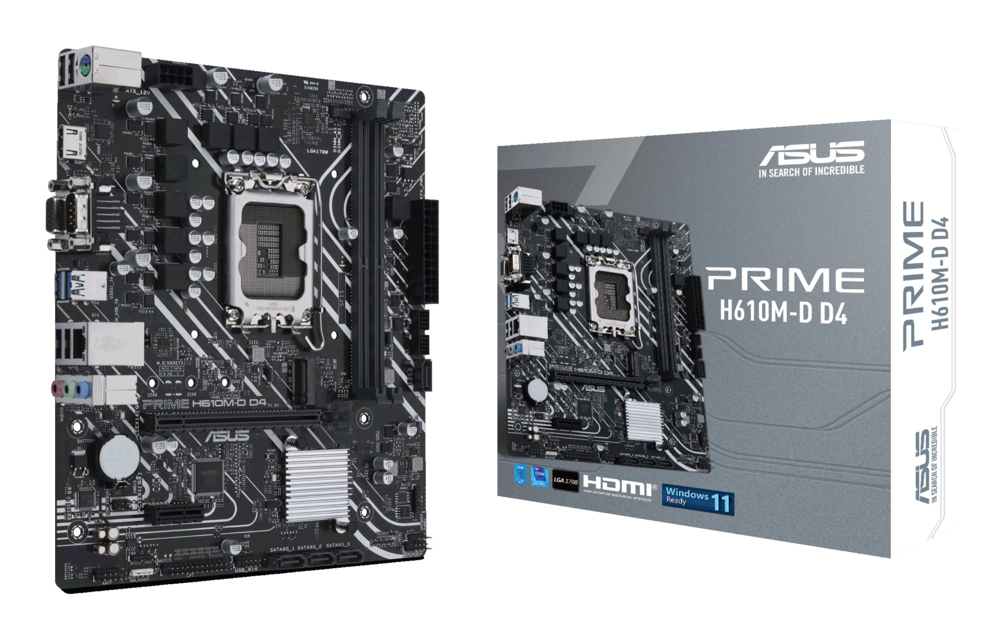 Mainboard ASUS Intel H610 LGA1700 MicroATX Memory DDR4 Memory slots 2 1xPCI-Express 3.0 1x 1xPCI-Express 4.0 16x 1xM.2 1x15pin D-sub 1xHDMI 2xAudio-In 1xAudio-Out 4xUSB 2.0 2xUSB 3.2 1xCOM 1xPS/2 1xRJ45 PRIMEH610M-DD4