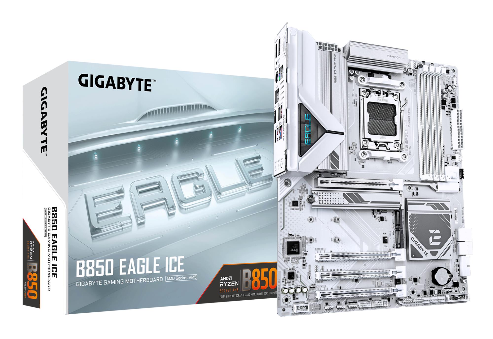 Mainboard GIGABYTE AMD B850 SAM5 ATX Memory DDR5 Memory slots 4 2xPCI-Express 3.0 1x 1xPCI-Express 4.0 4x 1xPCI-Express 5.0 16x 3xM.2 1xHDMI 1xDisplayPort 4xUSB 2.0 2xUSB 3.2 1xUSB-C 1xRJ45 3xAudio port B850EAGLEICE