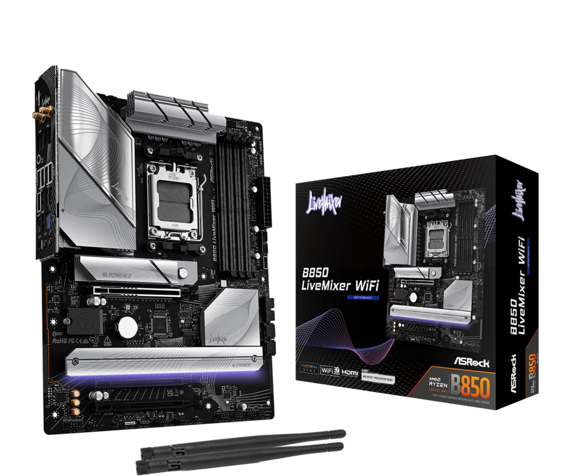 Mainboard ASROCK AMD B850 SAM5 ATX Memory DDR5 Memory slots 4 2xPCI-Express 4.0 16x 1xPCI-Express 5.0 16x 1xM.2 1xHDMI 1xDisplayPort 1xAudio-In 1xAudio-Out 2xUSB 2.0 1xUSB-C 1xOptical S/PDIF 1xRJ45 B850LIVEMIXERWIFI