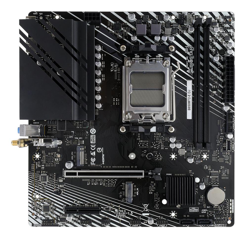 Mainboard BIOSTAR AMD B850 Socket AM5 micro ATX RAM DDR5-SDRAM 2xSlots Wi-Fi Yes Bluetooth Yes 2xNumber of M.2 (M) slots B850MT2-EDJ