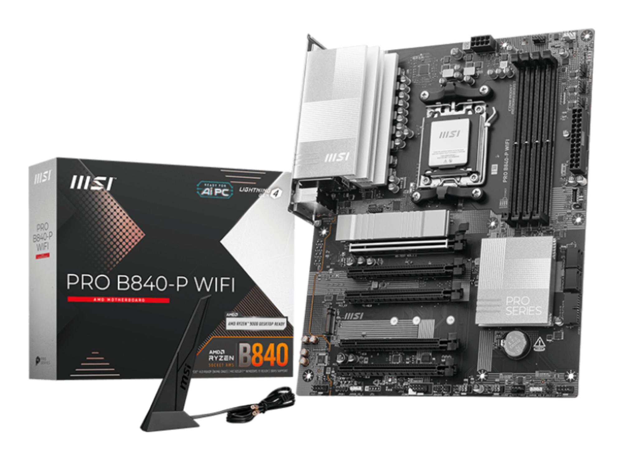 Mainboard MSI AMD B840 SAM5 ATX Memory DDR5 Memory slots 4 5xPCI-Express 16x 2xM.2 1xHDMI 1xAudio-In 1xAudio-Out 1xMicrophone 4xUSB 2.0 3xUSB 3.2 1xUSB-C 1xRJ45 PROB840-PWIFI