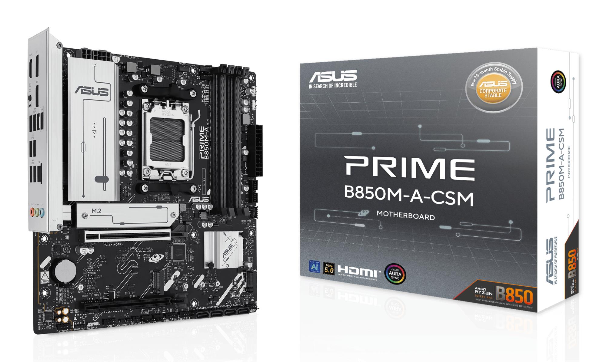 Mainboard ASUS AMD B850 SAM5 Micro-ATX Memory DDR5 Memory slots 4 1xPCI-Express 4.0 16x 1xPCI-Express 5.0 16x 3xM.2 1xHDMI 2xDisplayPort 4xUSB 2.0 4xUSB 3.2 1xRJ45 3xAudio port PRIMEB850M-A-CSM