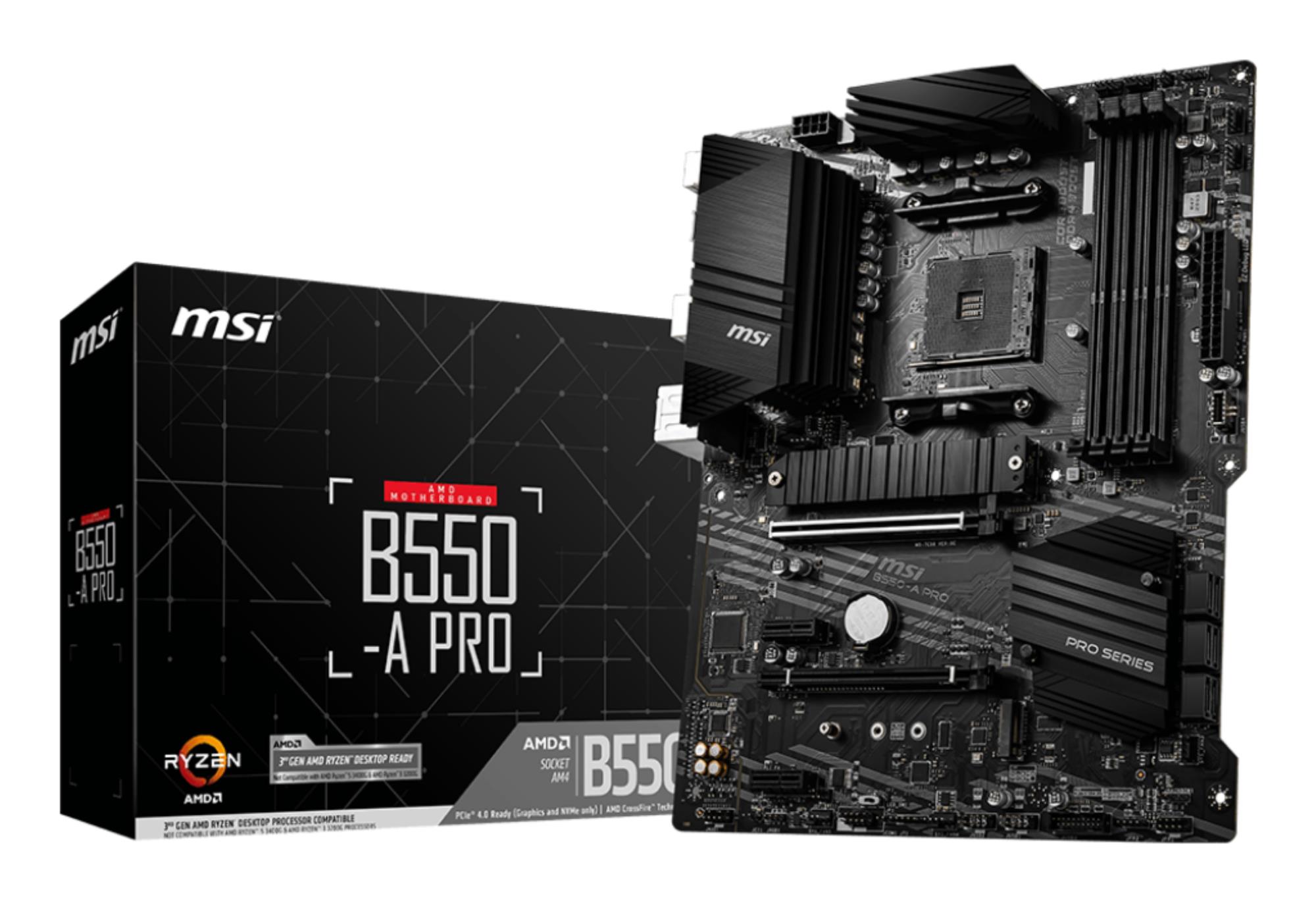 Mainboard MSI AMD B550 SAM4 ATX 2xPCI-Express 3.0 1x 1xPCI-Express 3.0 4x 2xM.2 1xPCI-Express 4.0 16x Memory DDR4 Memory slots 4 1xDisplayPort 2xAudio-In 4xAudio-Out 4xUSB 2.0 1xUSB type C 3xUSB 3.2 1xPS/2 1xRJ45 B550-APRO