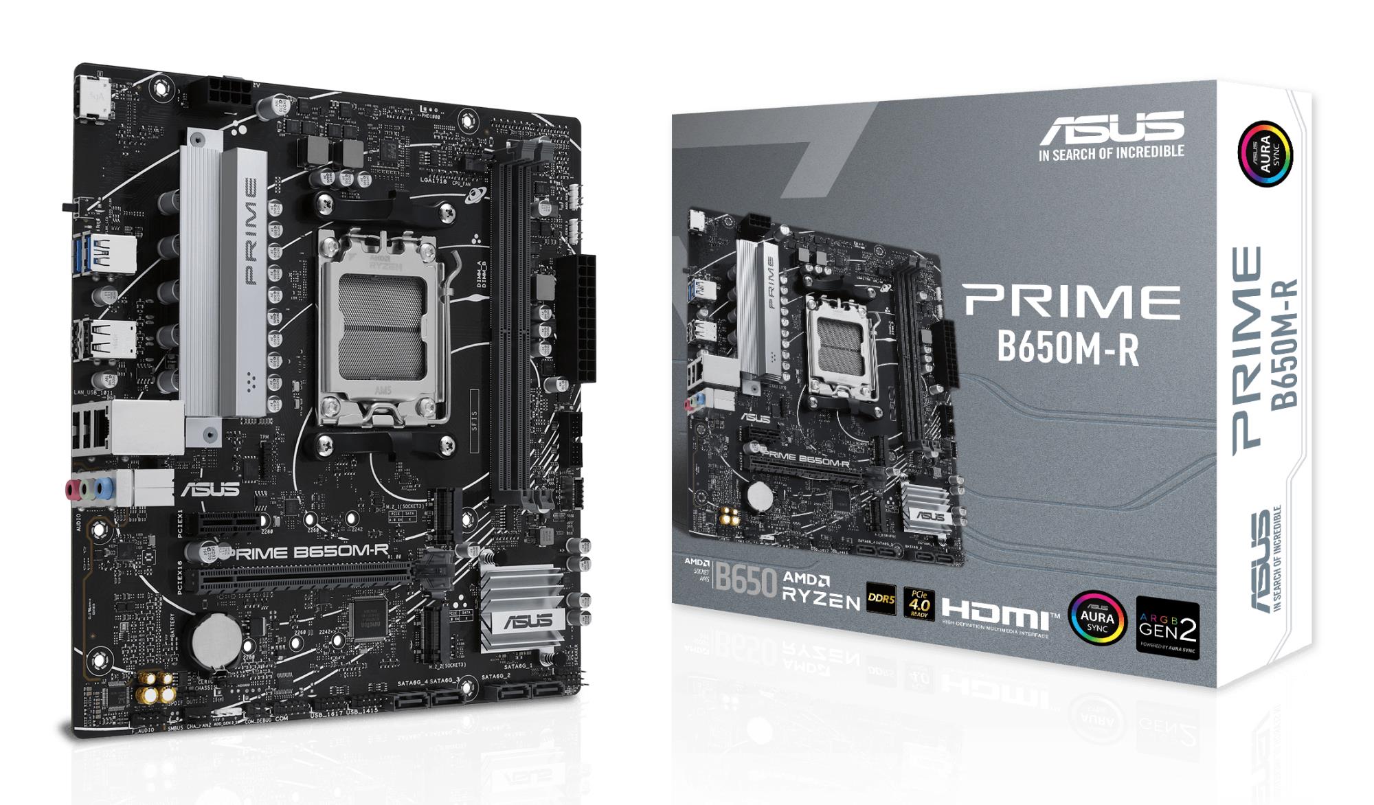 Mainboard ASUS AMD B650 SAM5 Micro-ATX Memory DDR5 Memory slots 2 1xPCI-Express 4.0 1x 2xPCI-Express 4.0 16x 2xM.2 1xHDMI 4xUSB 2.0 2xUSB 3.2 1xRJ45 3xAudio port PRIMEB650M-R