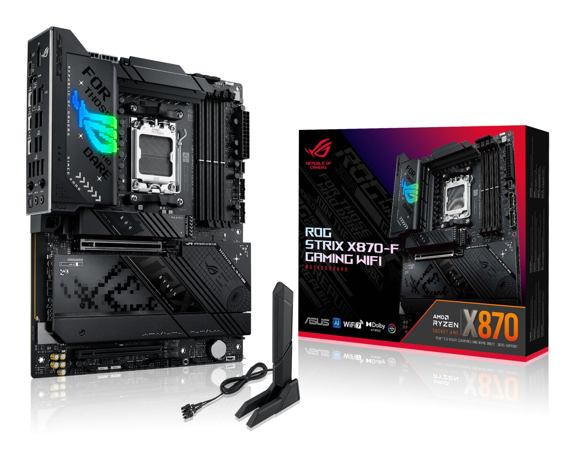 Mainboard ASUS AMD X870 SAM5 ATX Memory DDR5 Memory slots 4 1xPCI-Express 4.0 16x 1xPCI-Express 5.0 16x 4xM.2 1xHDMI 1xDisplayPort 1xAudio-In 1xAudio-Out 5xUSB 3.2 1xUSB-C 2xUSB4 1xRJ45 ROGSTRIXX870-FGAMWIFI