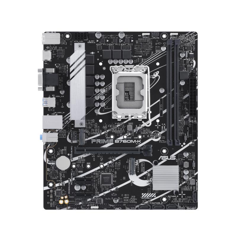 Mainboard ASUS Intel B760 Express LGA1700 Micro-ATX Memory DDR5 Memory slots 2 2xPCI-Express 4.0 1x 1xPCI-Express 4.0 16x 2xM.2 1x15pin D-sub 1xHDMI 2xUSB 2.0 4xUSB 3.2 1xPS/2 1xRJ45 3xAudio port PRIMEB760M-K