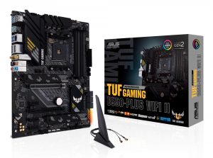 Mainboard ASUS AMD B550 SAM4 ATX Memory DDR4 Memory slots 4 1xPCI-Express 3.0 1x 1xPCI-Express 3.0 4x 1xPCI-Express 4.0 16x 2xM.2 1xHDMI 1xDisplayPort 2xAudio-In 3xAudio-Out 2xUSB 2.0 1xUSB type C 5xUSB 3.2 1xOptical S/PDIF 1xRJ45 TUFGAMB550-PLUSWIFIII