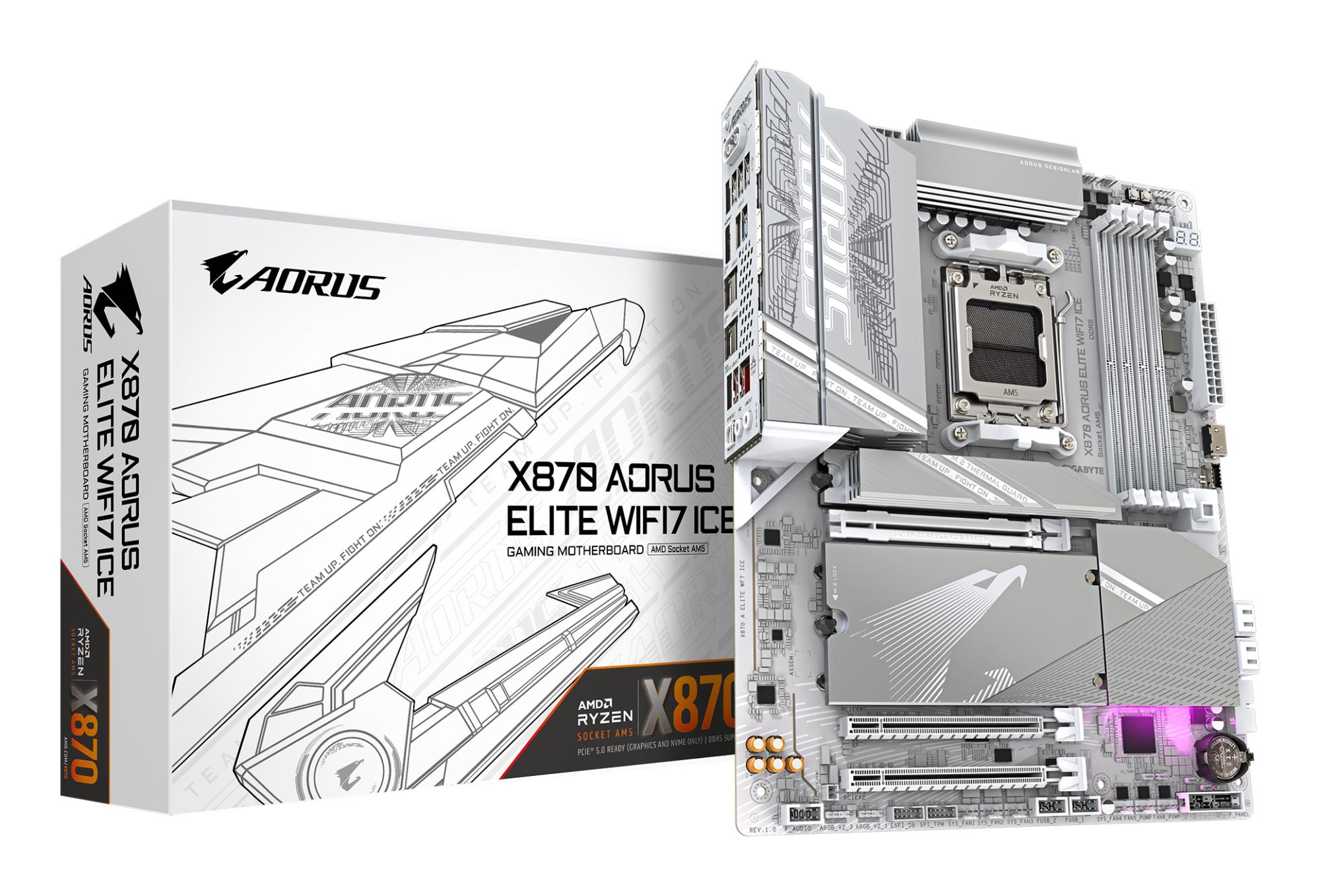 Mainboard GIGABYTE AMD X870 Socket AM5 ATX RAM DDR5-SDRAM 4xSlots On-board graphics card Yes Wi-Fi Yes Bluetooth Yes 4xNumber of M.2 (M) slots X870 AORUS ELITE WIFI7 ICE X870AELITEWF7ICE1.1