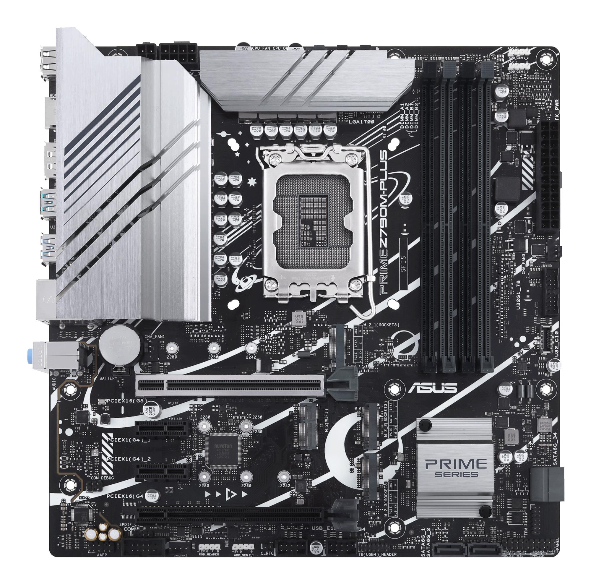 Mainboard ASUS Intel Z790 LGA1700 Micro-ATX Memory DDR5 Memory slots 4 2xPCI-Express 4.0 1x 1xPCI-Express 4.0 16x 1xPCI-Express 5.0 16x 3xM.2 1xHDMI 1xDisplayPort 2xUSB 2.0 5xUSB 3.2 1xUSB-C 1xRJ45 3xAudio port PRIMEZ790M-PLUS