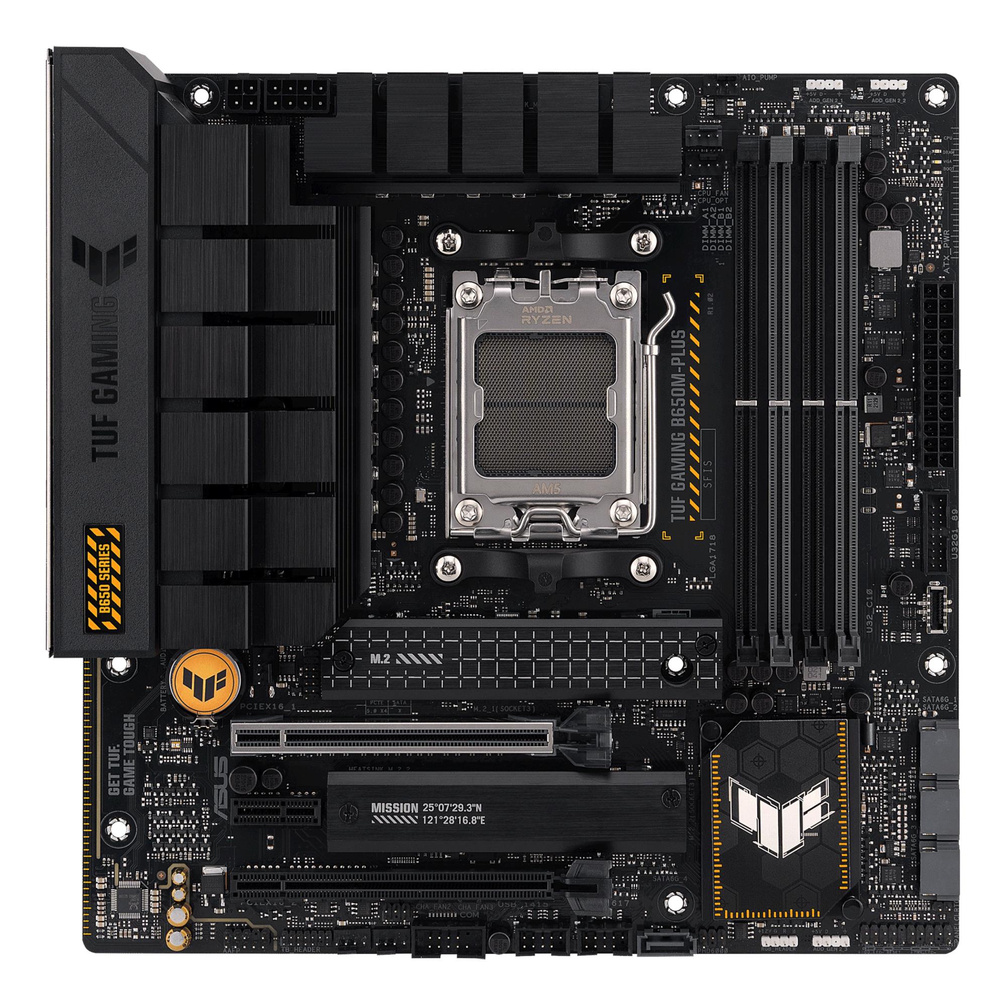 Mainboard ASUS AMD B650 SAM5 MicroATX Memory DDR5 Memory slots 4 1xPCI-Express 4.0 1x 2xPCI-Express 4.0 16x 2xM.2 1xHDMI 1xDisplayPort 4xUSB 2.0 3xUSB 3.2 1xUSB-C 1xRJ45 5xAudio port TUFGAMINGB650M-PLUS