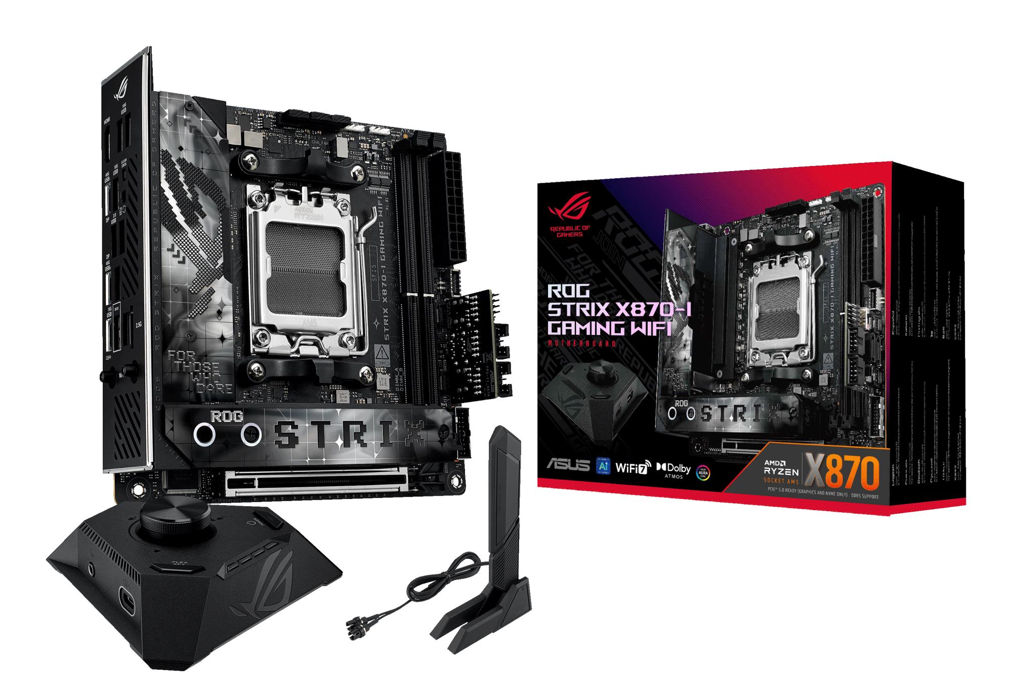 Mainboard ASUS AMD X870 SAM5 Mini-ITX Memory DDR5 Memory slots 2 1xPCI-Express 4.0 16x 1xPCI-Express 5.0 16x 2xM.2 1xHDMI 3xUSB 3.0 4xUSB 3.2 1xUSB-C 2xUSB4 1xRJ45 ROGSTRIXX870-IGAMWIFI