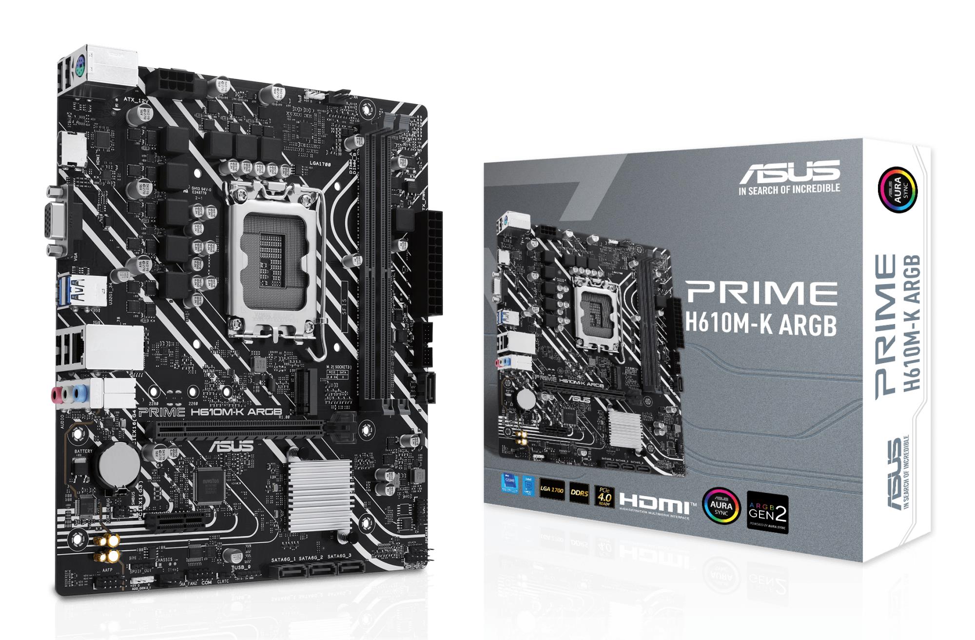 Mainboard ASUS Intel H610 LGA1700 Micro-ATX Memory DDR5 Memory slots 2 1xPCI-Express 3.0 1x 1xPCI-Express 4.0 16x 1xM.2 1x15pin D-sub 1xHDMI 1xAudio-In 1xAudio-Out 1xMicrophone 4xUSB 2.0 2xUSB 3.2 1xPS/2 1xRJ45 PRIMEH610M-KARGB