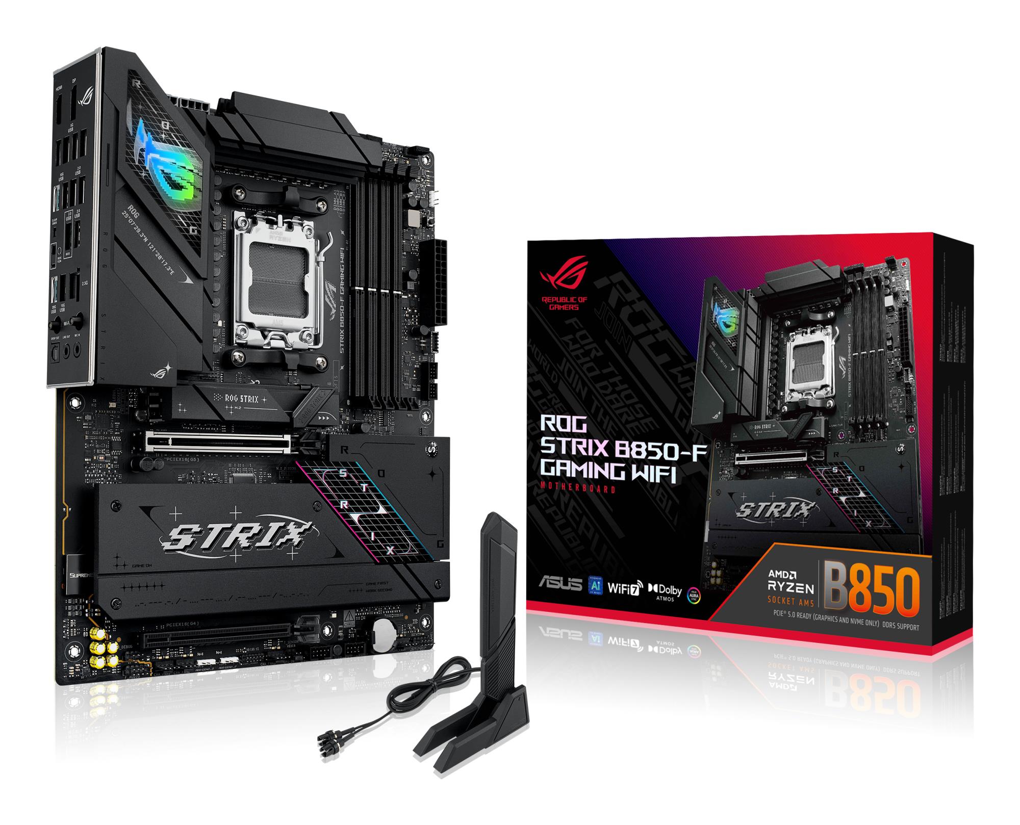 Mainboard ASUS AMD B850 SAM5 ATX Memory DDR5 Memory slots 4 1xPCI-Express 4.0 16x 1xPCI-Express 5.0 16x 4xM.2 1xHDMI 1xDisplayPort 12xUSB 2.0 3xUSB-C 1xUSB-C w/Thunderbolt 1xOptical S/PDIF 1xRJ45 2xAudio port STRIXB850-FGAMINGWIFI
