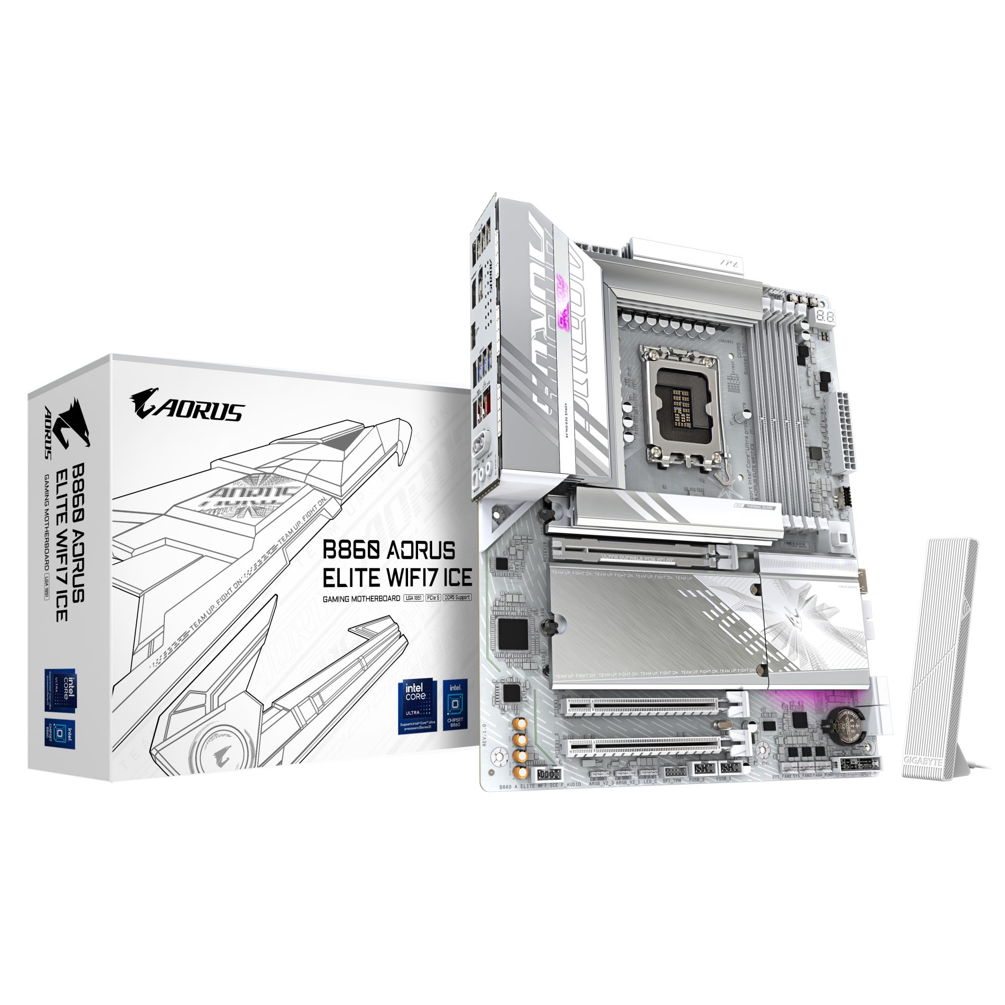 Mainboard GIGABYTE Intel B860 Express LGA1851 ATX Memory DDR5 Memory slots 4 3xPCI-Express 16x 2xM.2 1xHDMI 1xDisplayPort 1xAudio-In 1xAudio-Out 4xUSB 2.0 6xUSB 3.2 1xUSB-C 1xOptical S/PDIF 1xRJ45 B860AELITEWF7ICE1.0