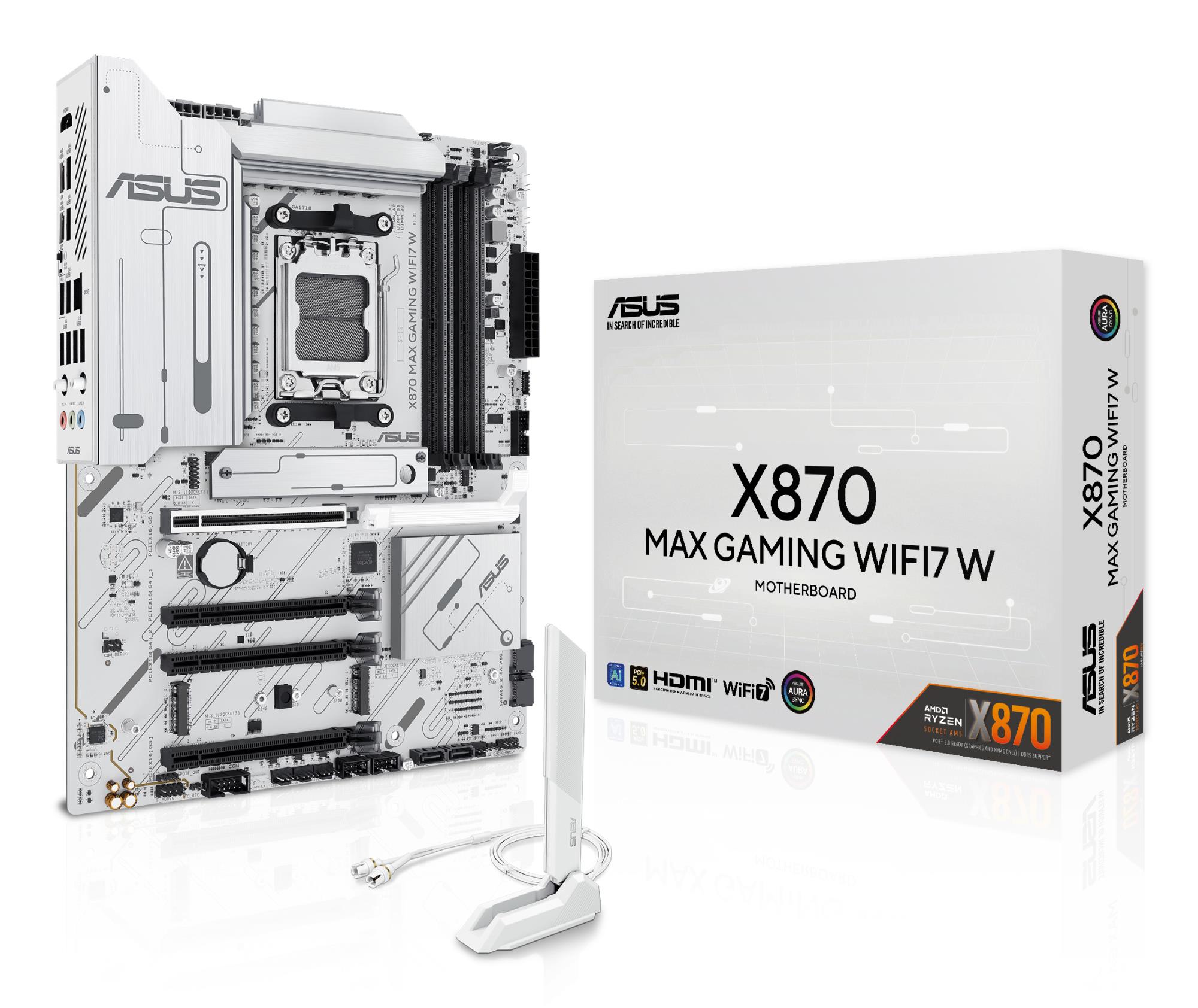 Mainboard ASUS AMD X870 SAM5 ATX Memory DDR5 Memory slots 4 1xPCI-Express 3.0 16x 2xPCI-Express 4.0 16x 1xPCI-Express 5.0 16x 3xM.2 1xHDMI 4xUSB 2.0 4xUSB 3.2 2xUSB-C 1xOptical S/PDIF 1xRJ45 3xAudio port X870MAXGAMINGWIFI7W