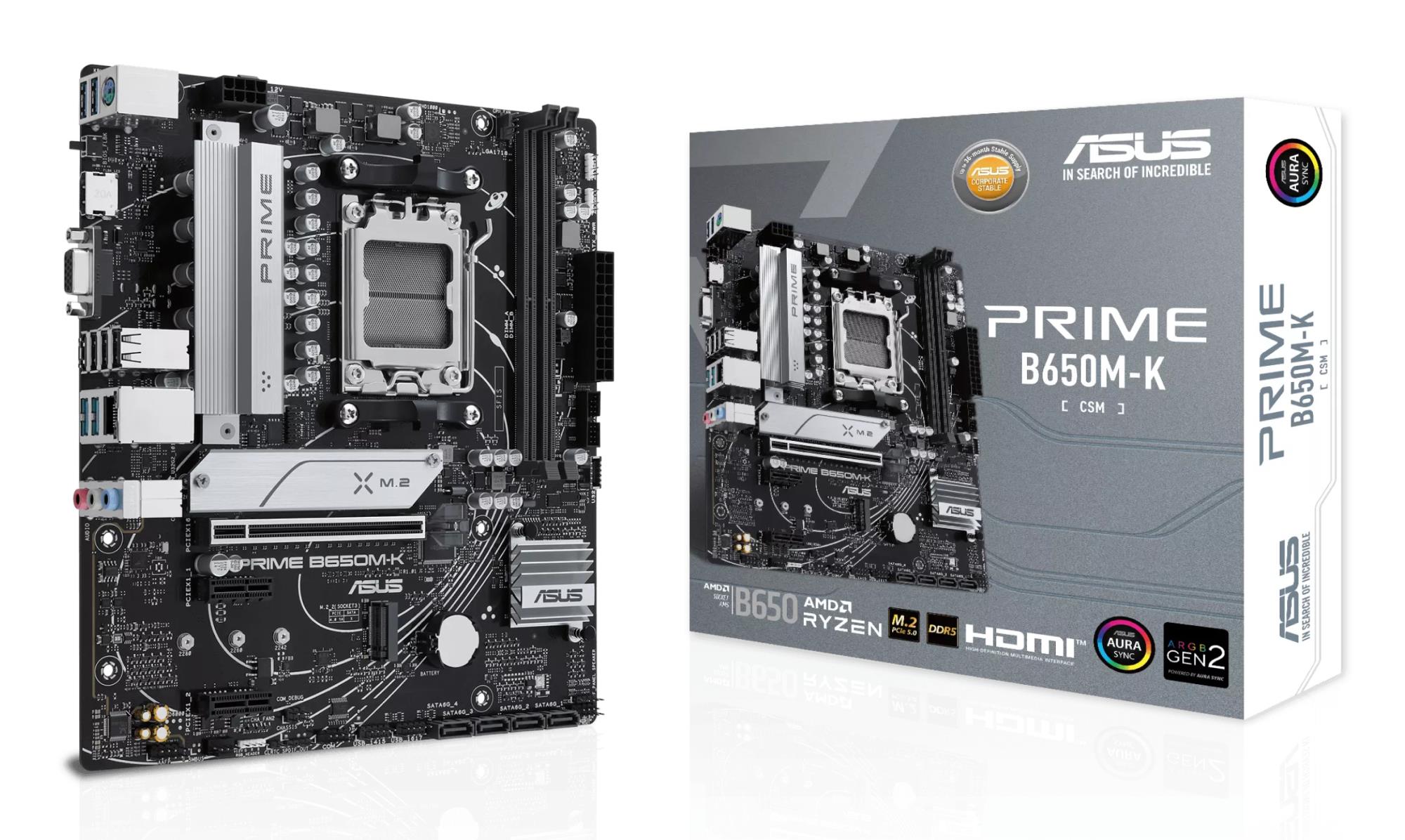 Mainboard ASUS AMD B650 SAM5 Micro-ATX Memory DDR5 Memory slots 2 2xPCI-Express 4.0 1x 1xPCI-Express 4.0 16x 2xM.2 1x15pin D-sub 1xHDMI 4xUSB 2.0 4xUSB 3.2 1xPS/2 1xRJ45 3xAudio port PRIMEB650M-K