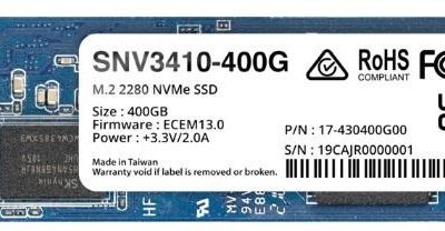 SSD|SYNOLOGY|SNV3400|400GB|M.2|PCIE|NVMe|Write speed 750 MBytes/sec|Read speed 3000 MBytes/sec|TBW 491 TB|MTBF 1800000 hours|SNV3410-400G