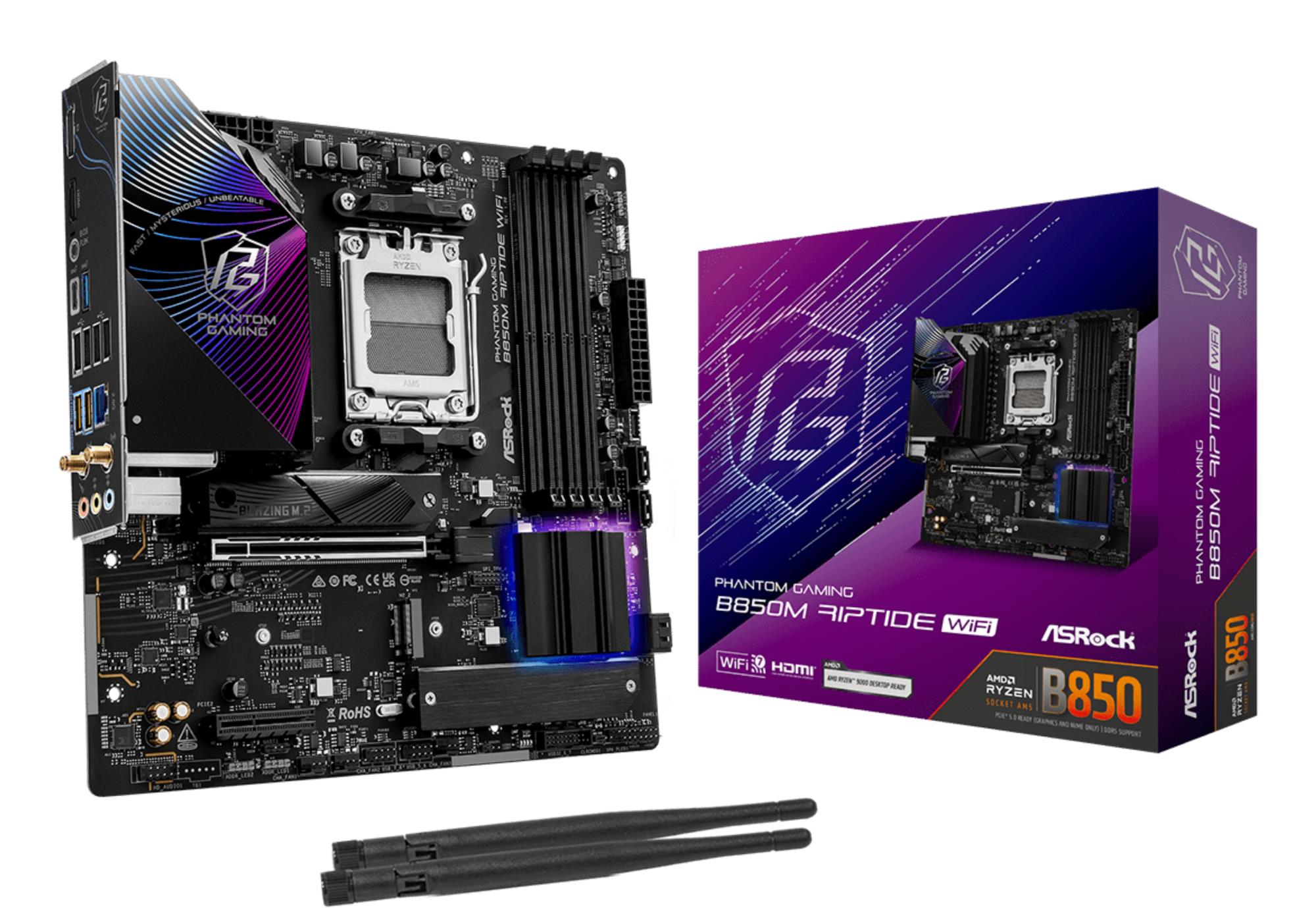 Mainboard ASROCK AMD B850 SAM5 Micro-ATX Memory DDR5 Memory slots 4 1xHDMI 1xDisplayPort 1xAudio-In 1xAudio-Out 1xMicrophone 4xUSB 2.0 3xUSB 3.2 1xUSB-C 1xRJ45 B850MRIPTIDEWIFI