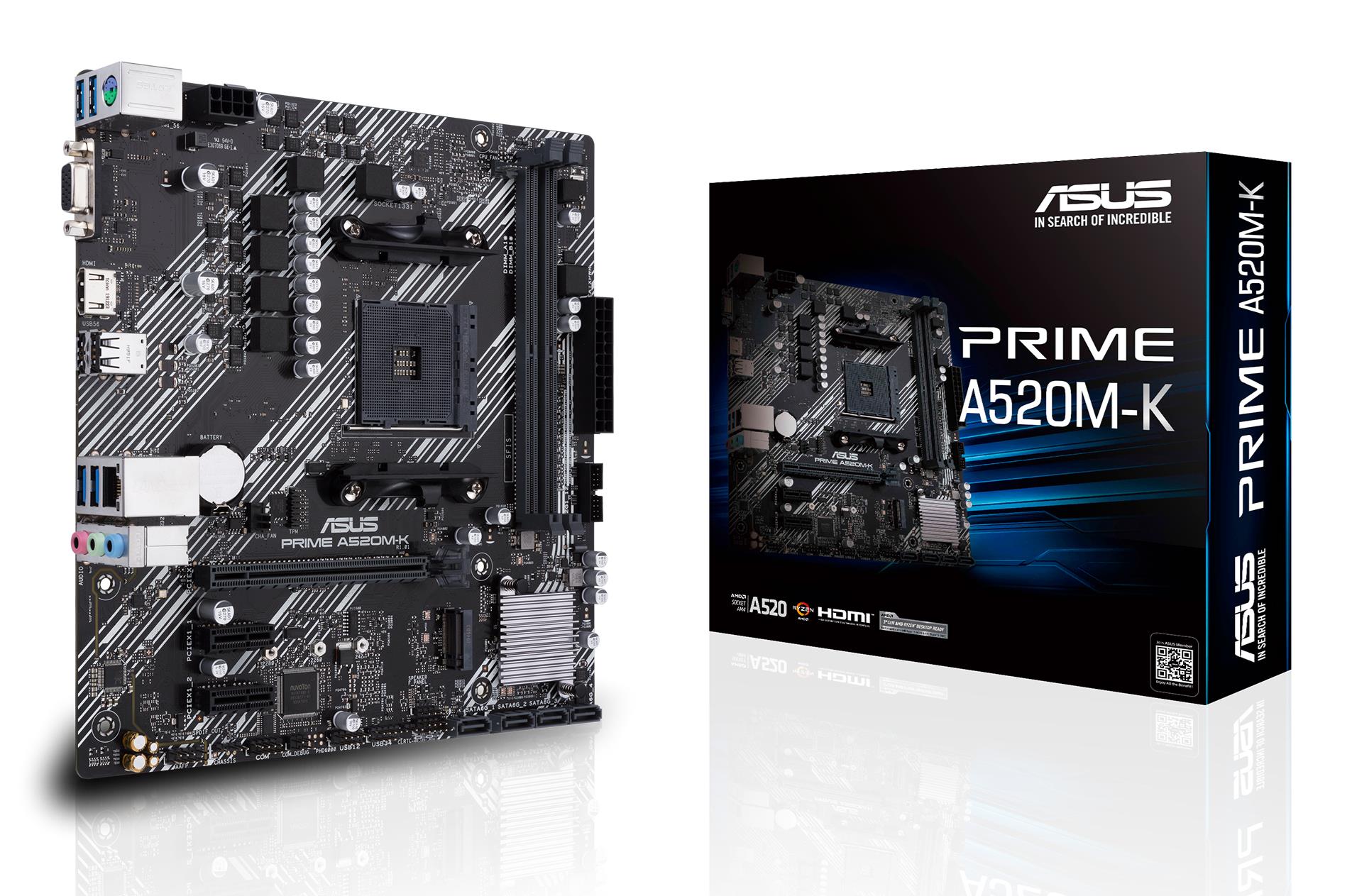 Mainboard ASUS AMD A520 SAM4 MicroATX 2xPCI-Express 3.0 1x 1xPCI-Express 3.0 16x 1xM.2 Memory DDR4 Memory slots 2 1x15pin D-sub 1xHDMI 2xUSB 2.0 4xUSB 3.2 type B 1xPS/2 3xStereo jack 3.5mm 1xRJ45 PRIMEA520M-K