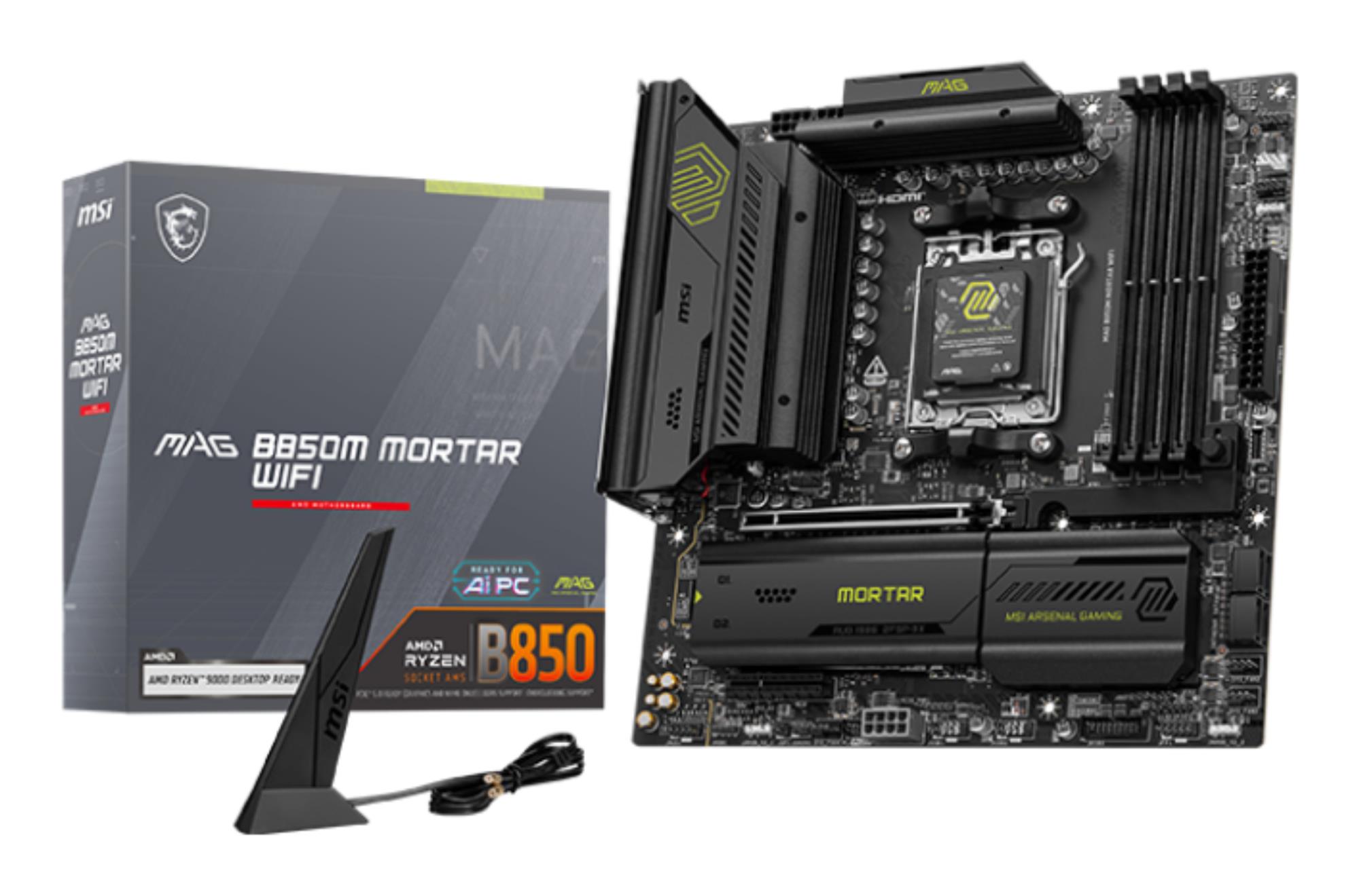 Mainboard|MSI|AMD B850|SAM5|Micro-ATX|Memory DDR5|Memory slots 4|1xPCI-Express 4.0 4x |1xPCI-Express 4.0 8x|1xPCI-Express 4.0 16x|1xPCI-Express 5.0 16x|3xM.2|1xHDMI|3xUSB 2.0|4xUSB 3.2|2xUSB-C|1xOptical S/PDIF|1xRJ45|2xAudio port|MAGB850MMORTARWIFI