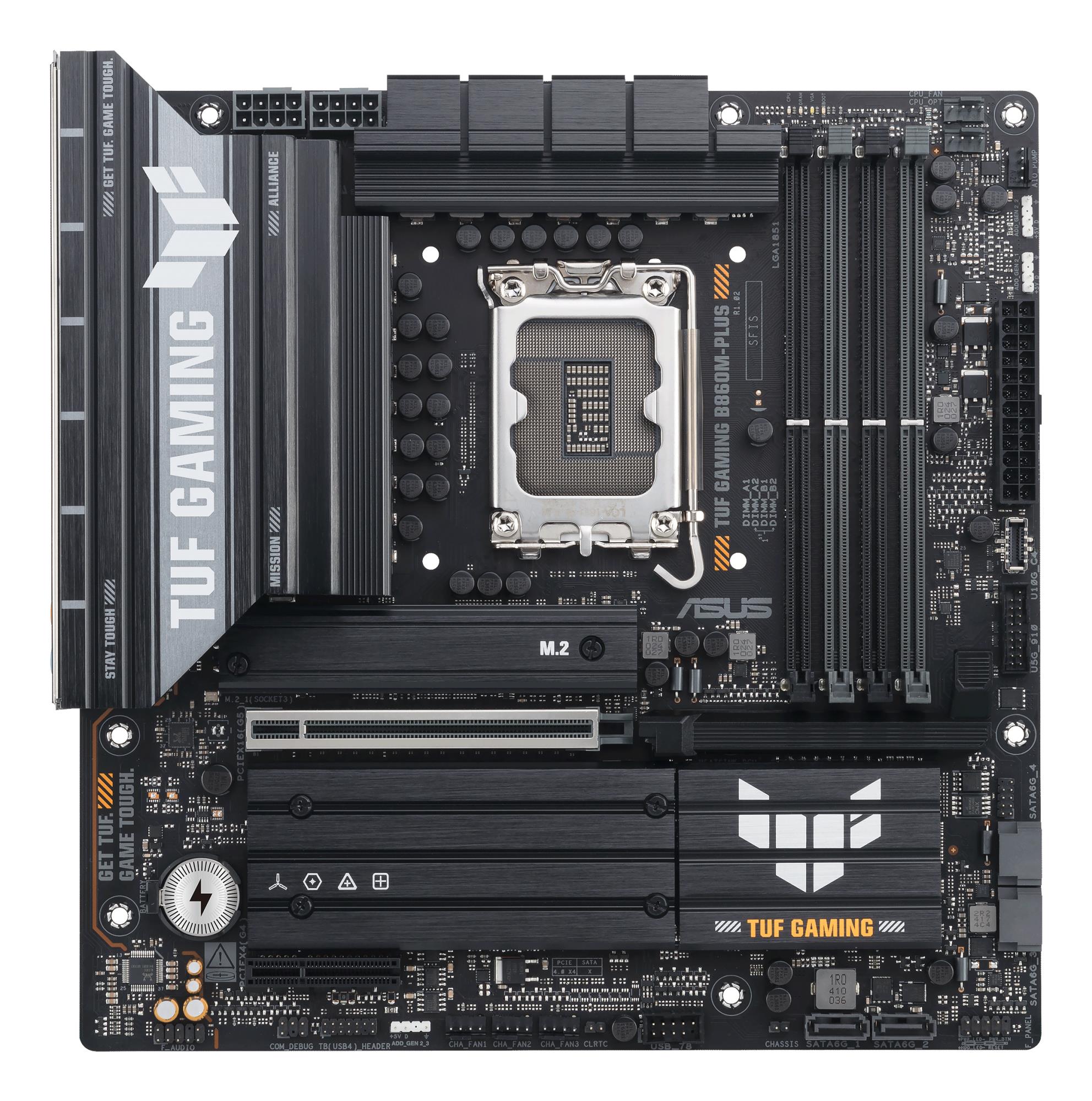 Mainboard ASUS Intel B860 Express LGA1851 Micro-ATX Memory slots 4 1xPCI-Express 4.0 4x 1xPCI-Express 5.0 16x 3xM.2 1xHDMI 1xDisplayPort 1xUSB 2.0 4xUSB 3.0 2xUSB 3.2 2xUSB-C 1xOptical S/PDIF 1xRJ45 5xAudio port TUFGAMINGB860M-PLUS