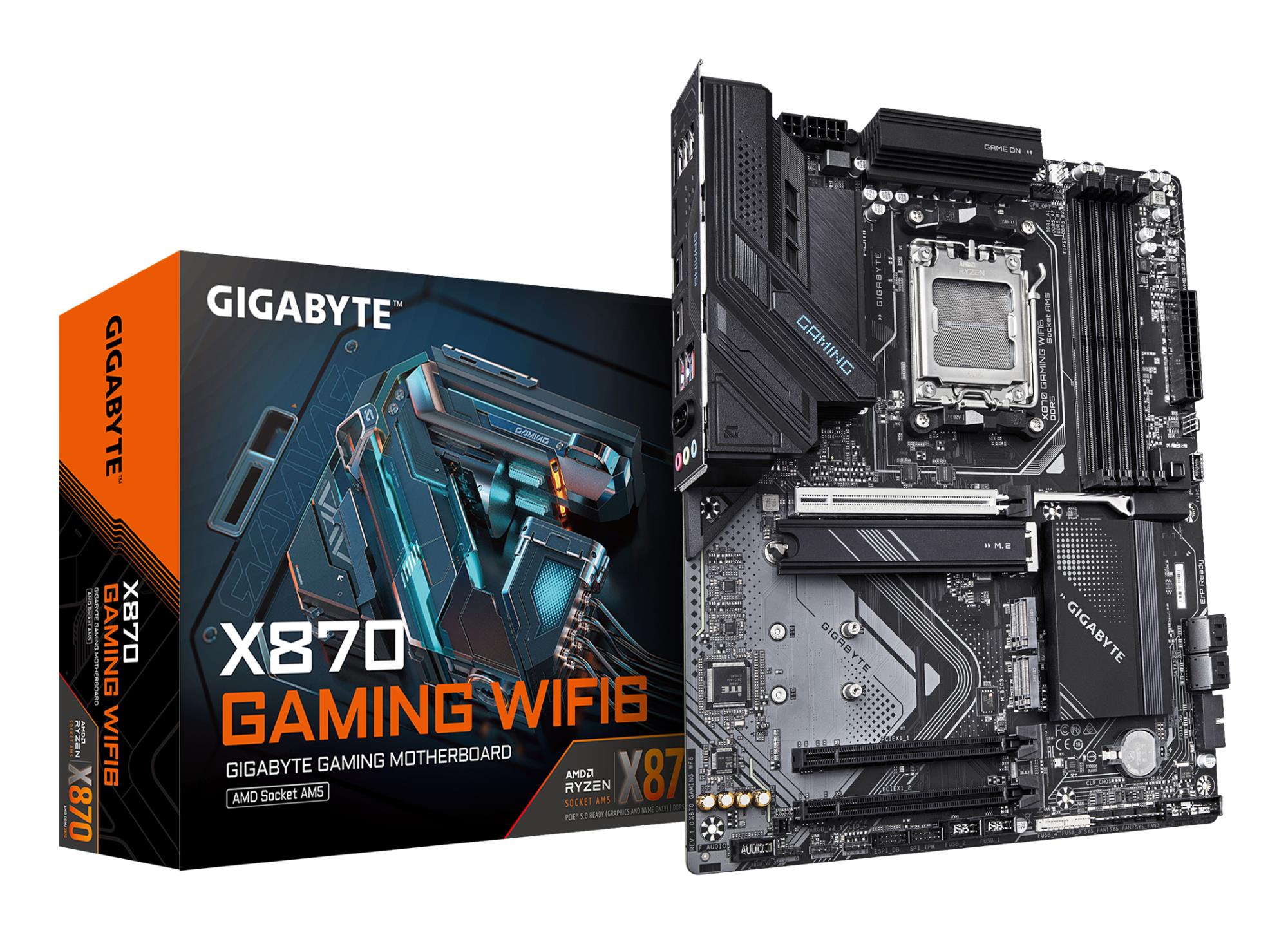 Mainboard GIGABYTE AMD X870 SAM5 ATX Memory DDR5 Memory slots 4 3xPCI-Express 16x 2xM.2 1xHDMI 1xAudio-In 1xAudio-Out 1xMicrophone 4xUSB 3.2 2xUSB-C 1xRJ45 X870GAMINGWF6