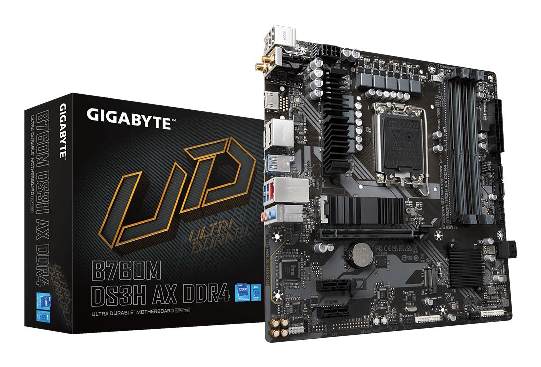 Mainboard GIGABYTE Intel B760 Express LGA1700 Micro-ATX Memory DDR4 Memory slots 4 2xPCI-Express 3.0 1x 1xPCI-Express 4.0 16x 2xM.2 1xHDMI 2xDisplayPort 2xAudio-In 1xAudio-Out 2xUSB 2.0 3xUSB 3.2 1xUSB-C 1xPS/2 1xRJ45 2xRF-Out B760MDS3HAXDDR41.2