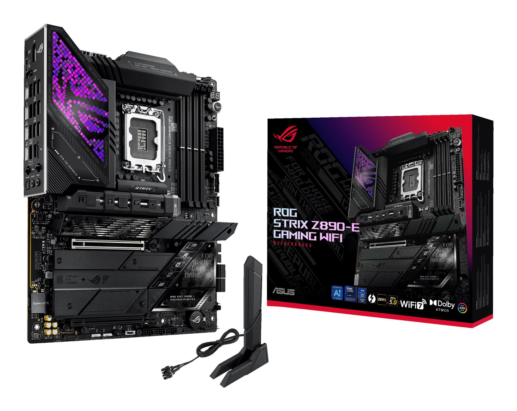 Mainboard ASUS Intel Z890 LGA1851 ATX Memory DDR5 Memory slots 4 1xPCI-Express 4.0 16x 1xPCI-Express 5.0 16x 7xM.2 1xHDMI 1xDisplayPort 1xAudio-In 1xAudio-Out 3xUSB 3.0 7xUSB 3.1 2xUSB-C 2xUSB-C w/Thunderbolt 1xOptical S/PDIF 1xRJ45 ROGSTRIXZ890-EGAMWIFI