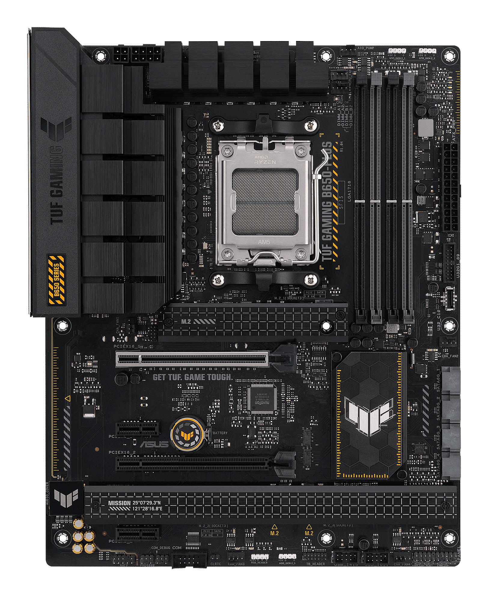 Mainboard ASUS AMD B650 SAM5 ATX Memory DDR5 Memory slots 4 2xPCI-Express 4.0 1x 2xPCI-Express 4.0 16x 3xM.2 1xHDMI 1xDisplayPort 4xUSB 2.0 2xUSB 3.2 2xUSB-C 1xRJ45 5xAudio port TUFGAMINGB650-PLUS