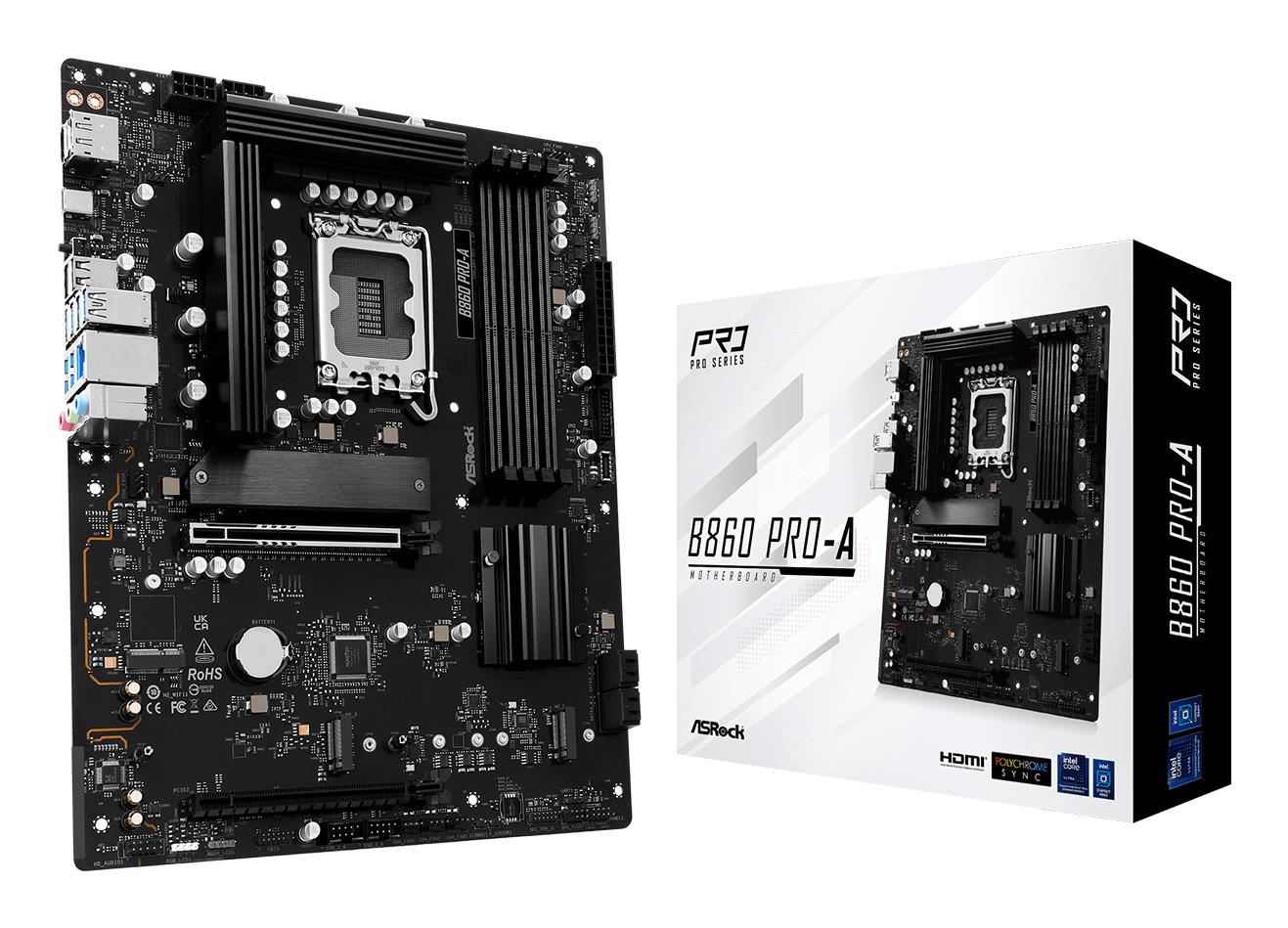 Mainboard ASROCK Intel B860 Express LGA1851 ATX Memory DDR5 Memory slots 4 1xHDMI 1xDisplayPort 1xAudio-In 1xAudio-Out 1xMicrophone 2xUSB 2.0 6xUSB 3.2 1xUSB-C 1xRJ45 B860PRO-A