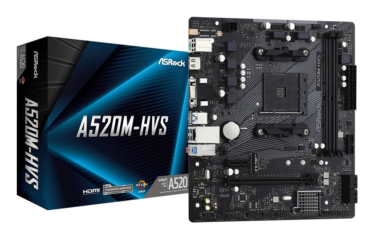 Mainboard ASROCK AMD A520 SAM4 Micro-ATX Memory DDR4 Memory slots 2 1xPCI-Express 3.0 1x 1xPCI-Express 3.0 16x 1xM.2 1x15pin D-sub 1xHDMI 2xAudio-In 1xAudio-Out 2xUSB 2.0 4xUSB 3.2 1xPS/2 1xRJ45 A520M-HVS