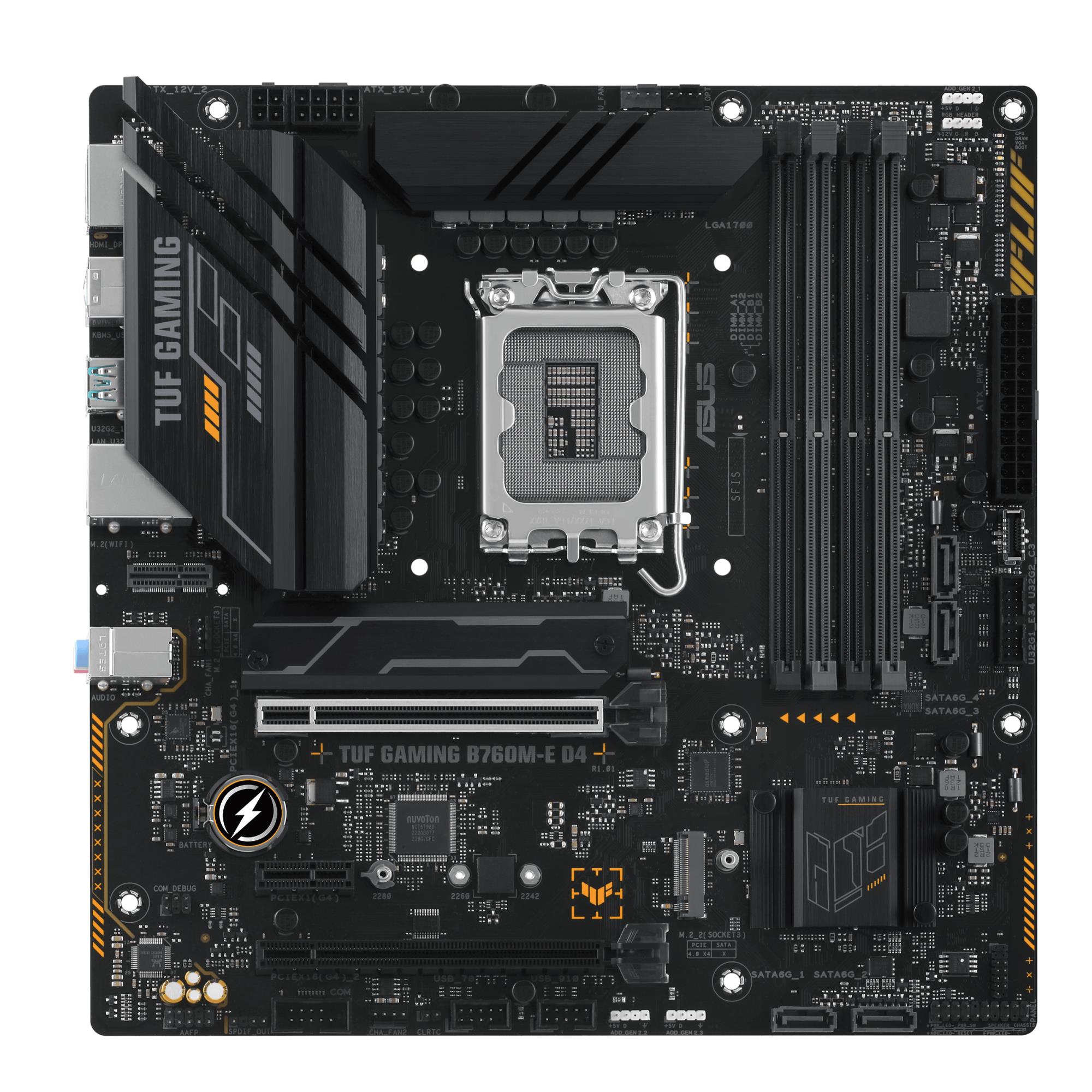 Mainboard ASUS Intel B760 Express LGA1700 Micro-ATX Memory DDR4 Memory slots 4 1xPCI-Express 4.0 1x 2xPCI-Express 4.0 16x 2xM.2 1xHDMI 1xDisplayPort 2xUSB 2.0 4xUSB 3.2 1xPS/2 1xRJ45 3xAudio port TUFGAMINGB760M-ED4