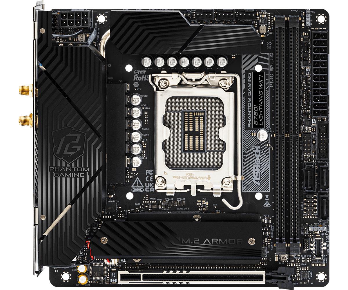 Mainboard ASROCK Intel B760 Express LGA1700 Mini-ITX Memory DDR5 Memory slots 2 1xPCI-Express 5.0 16x 3xM.2 1xHDMI 1xDisplayPort 5xUSB 3.2 1xUSB-C 1xOptical S/PDIF 1xRJ45 2xAudio port B760ILIGHTNINGWIFI